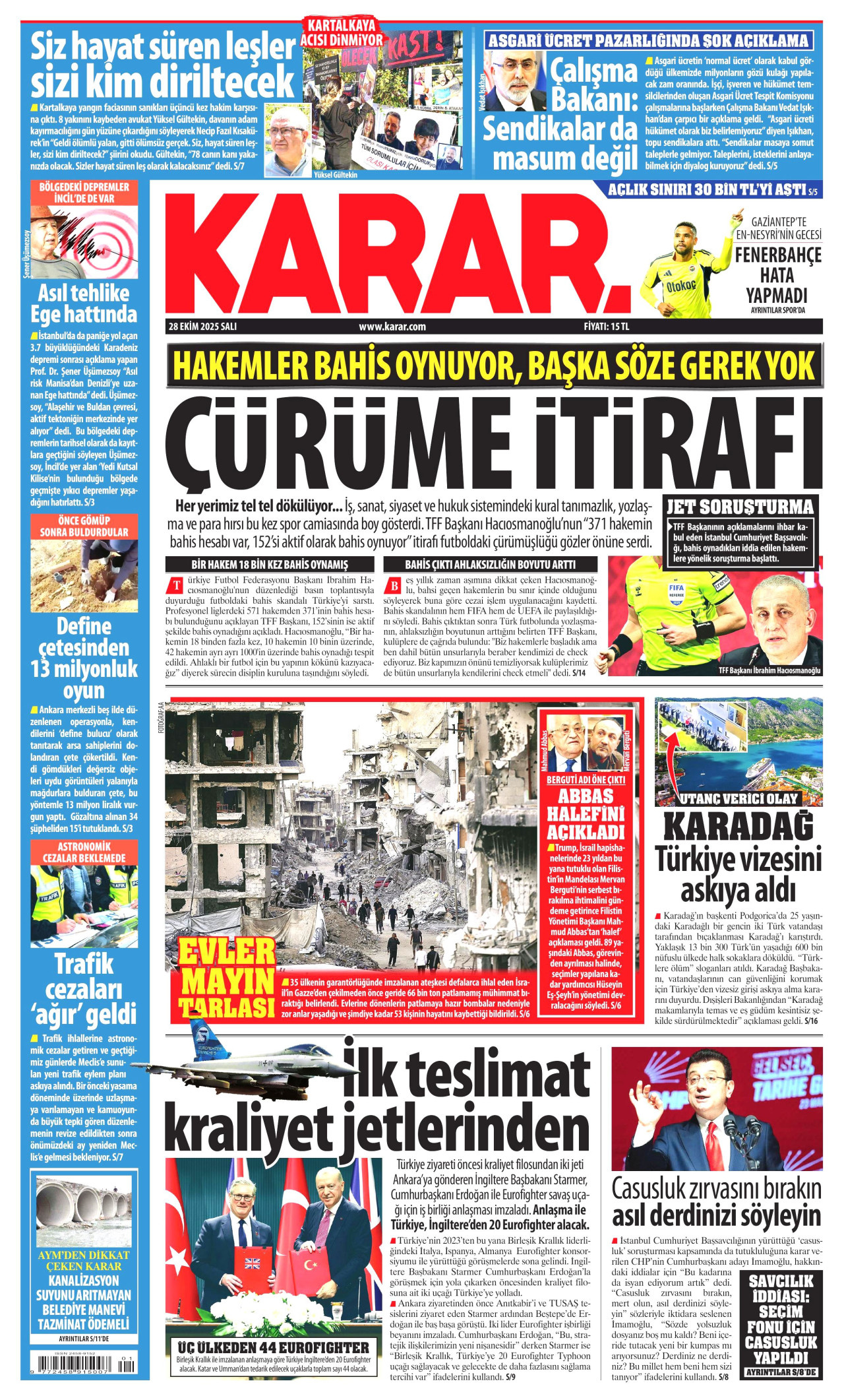 KARAR gazetesinin 28 Ekim 2025 tarihli birinci sayfası