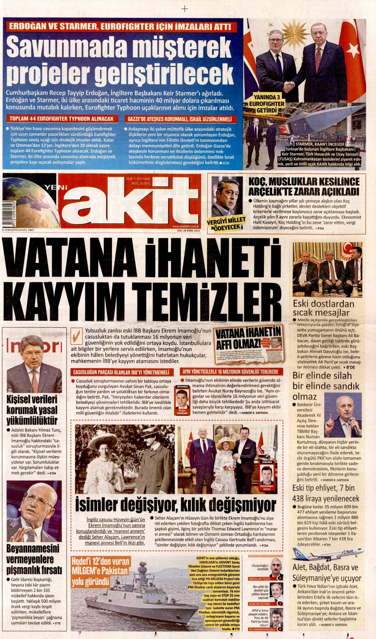 YENİ AKİT gazetesinin 28 Ekim 2025 tarihli birinci sayfası