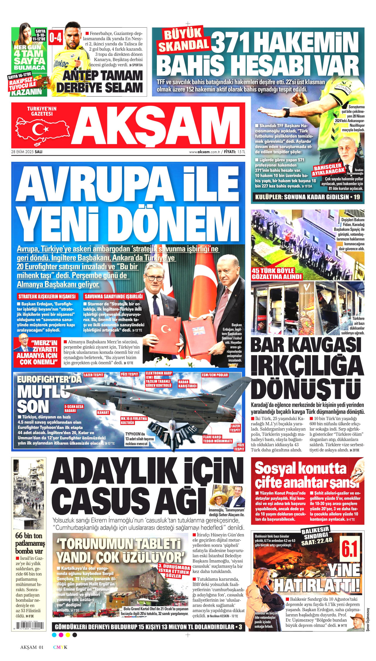 AKŞAM gazetesinin 28 Ekim 2025 tarihli birinci sayfası