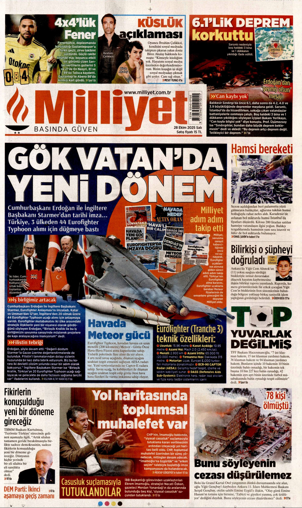 MİLLİYET gazetesinin 28 Ekim 2025 tarihli birinci sayfası