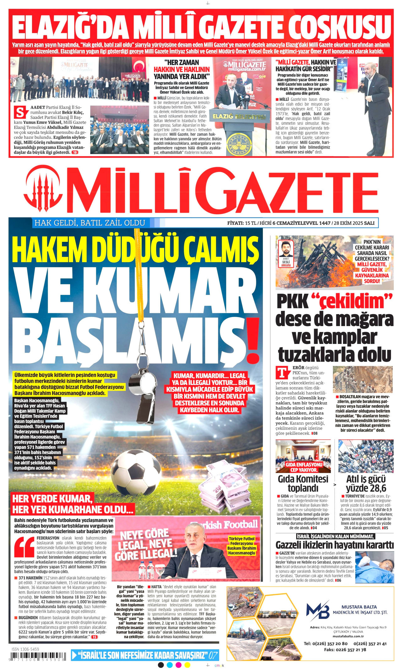 MİLLİ GAZETE gazetesinin 28 Ekim 2025 tarihli birinci sayfası