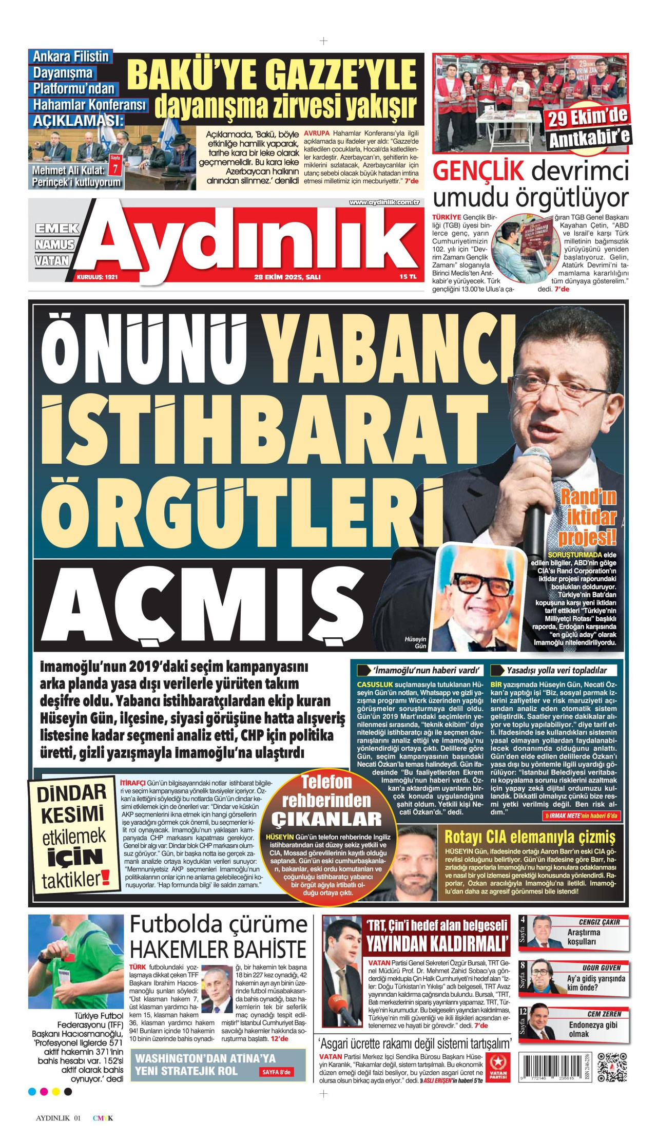 AYDINLIK GAZETESİ gazetesinin 28 Ekim 2025 tarihli birinci sayfası