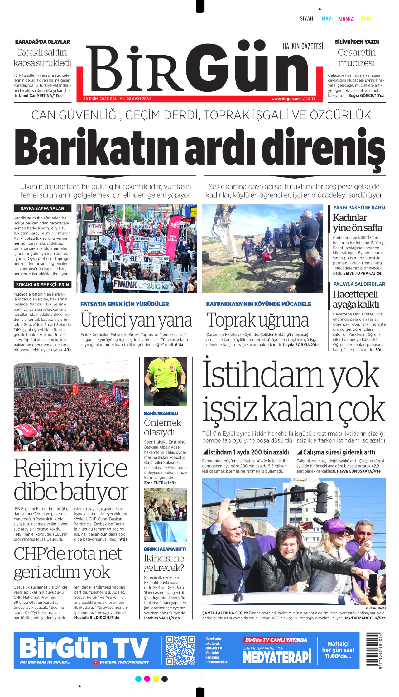 BİRGÜN gazetesinin 28 Ekim 2025 tarihli birinci sayfası