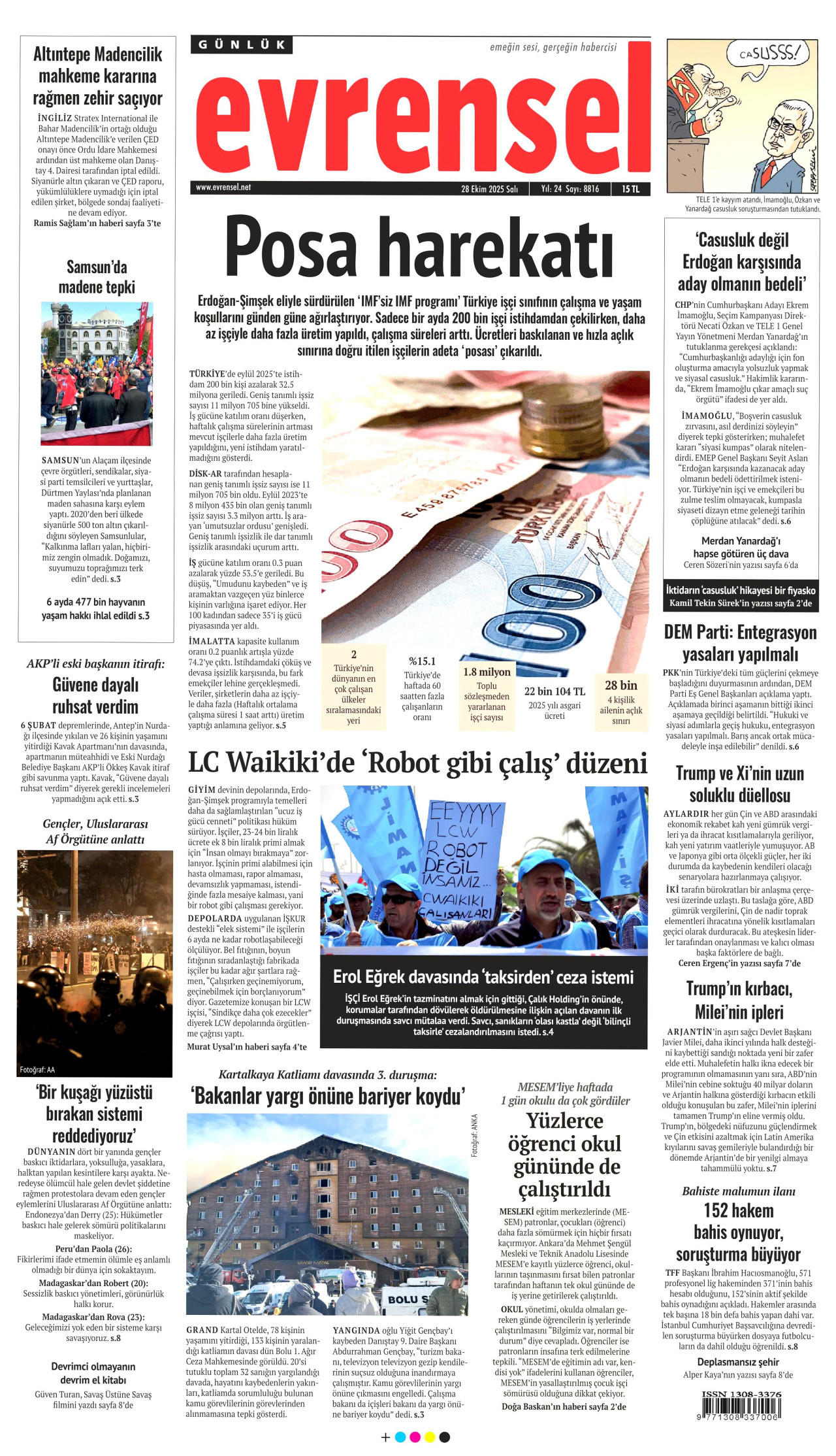 EVRENSEL gazetesinin 28 Ekim 2025 tarihli birinci sayfası