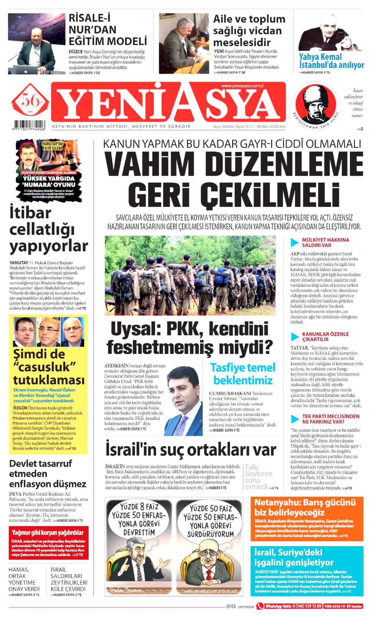YENİ ASYA gazetesinin 28 Ekim 2025 tarihli birinci sayfası