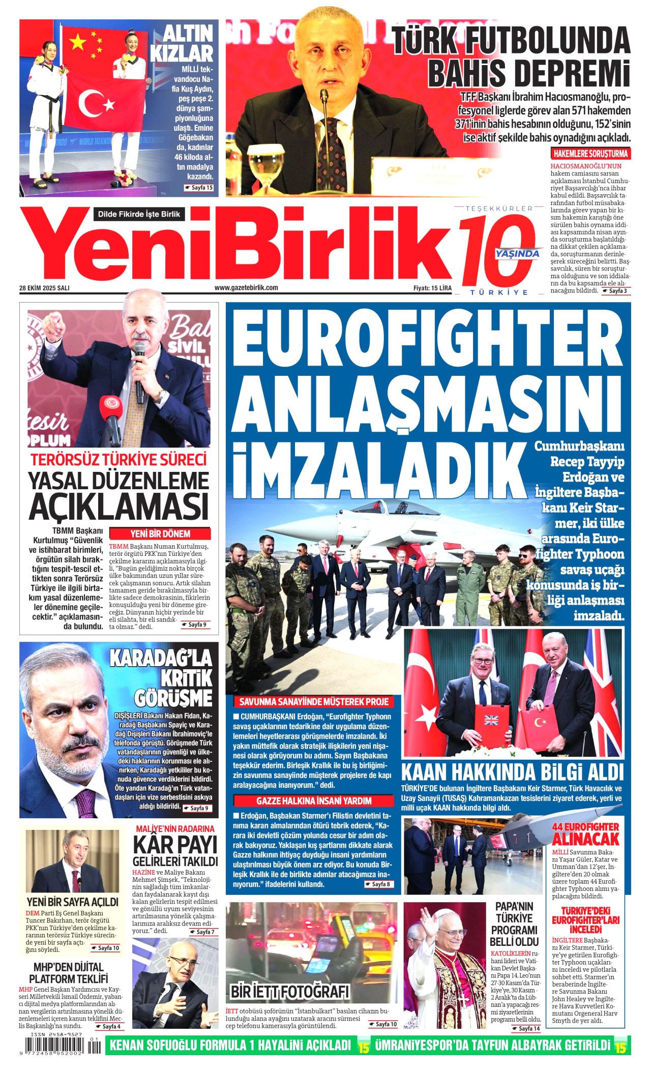 YENİBİRLİK gazetesinin 28 Ekim 2025 tarihli birinci sayfası