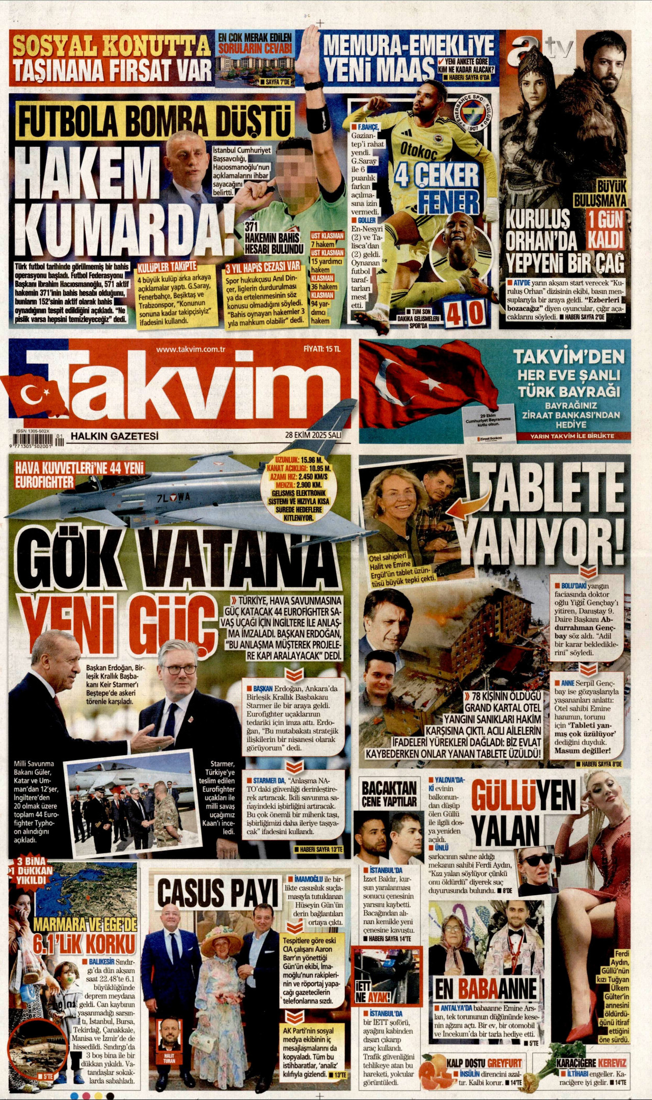 TAKVİM gazetesinin 28 Ekim 2025 tarihli birinci sayfası