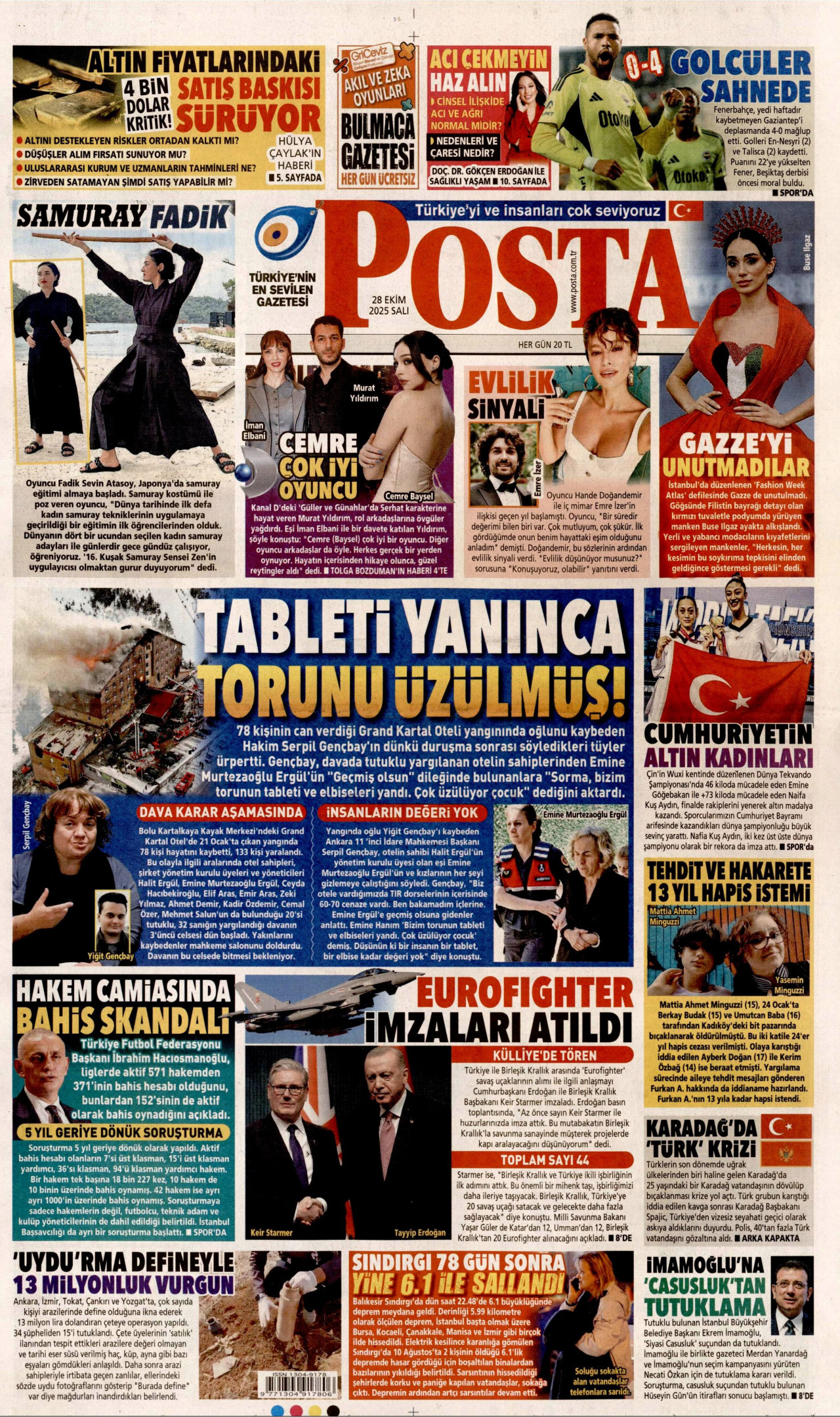 POSTA gazetesinin 28 Ekim 2025 tarihli birinci sayfası