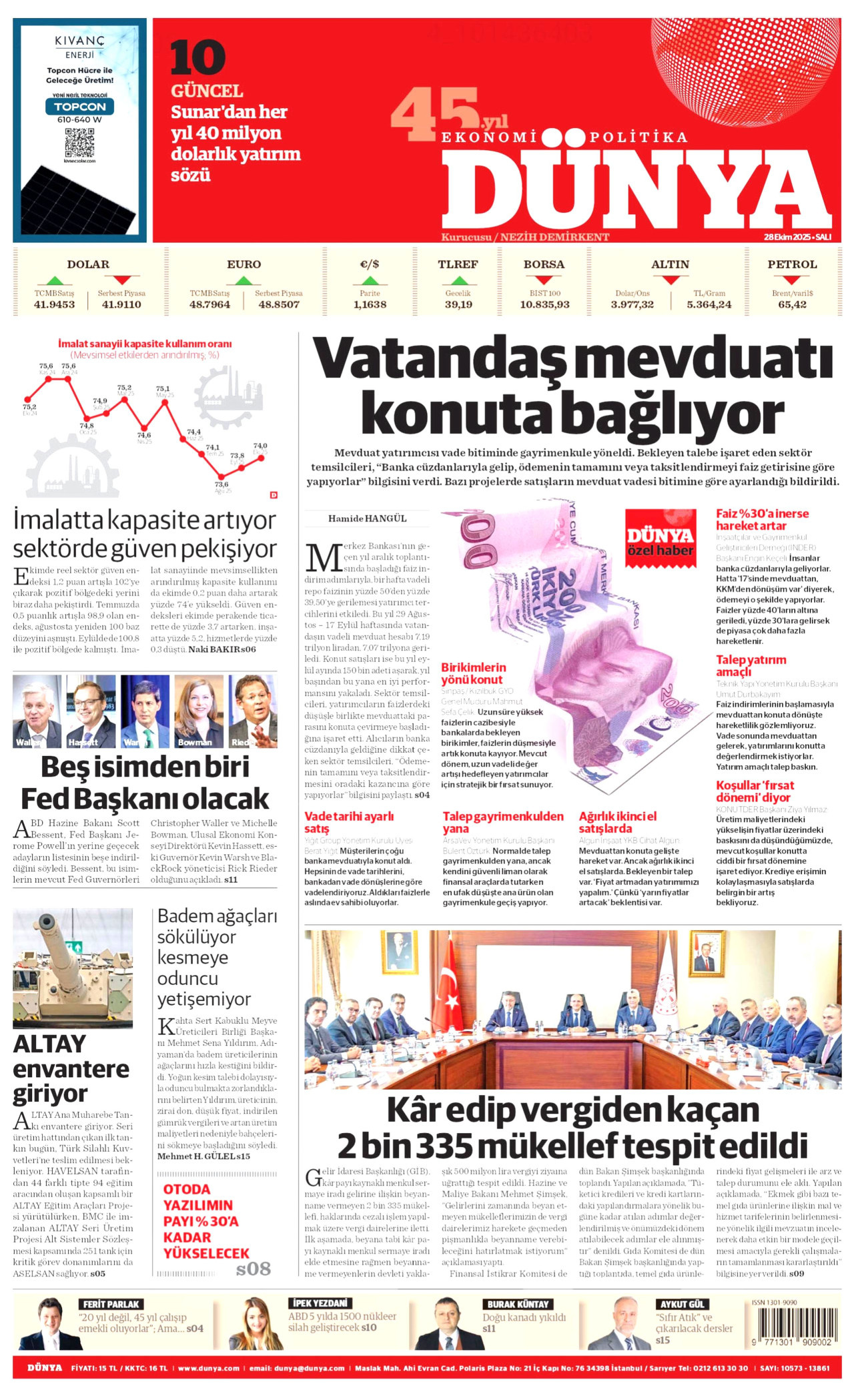 DÜNYA gazetesinin 28 Ekim 2025 tarihli birinci sayfası