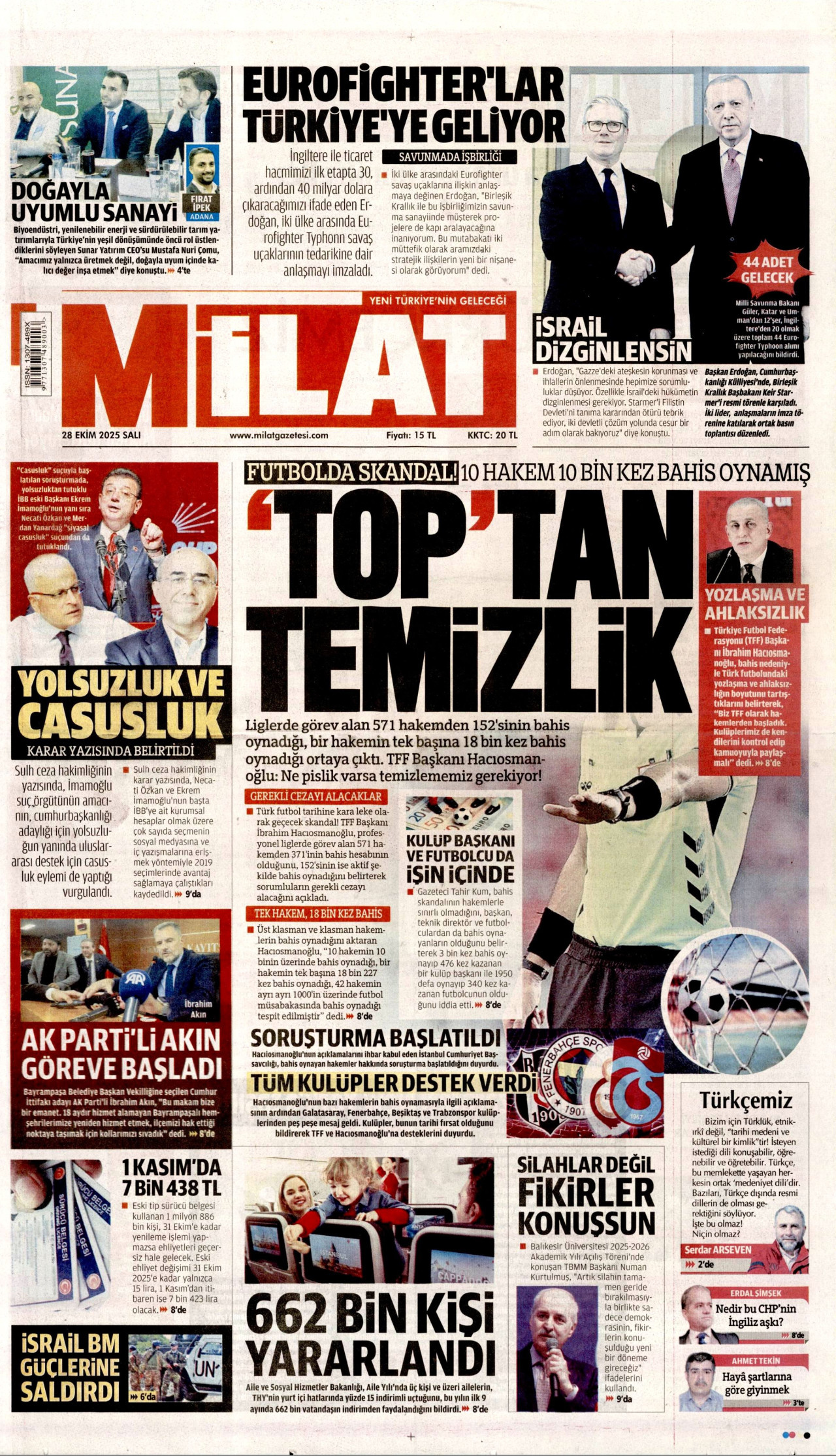 MİLAT gazetesinin 28 Ekim 2025 tarihli birinci sayfası