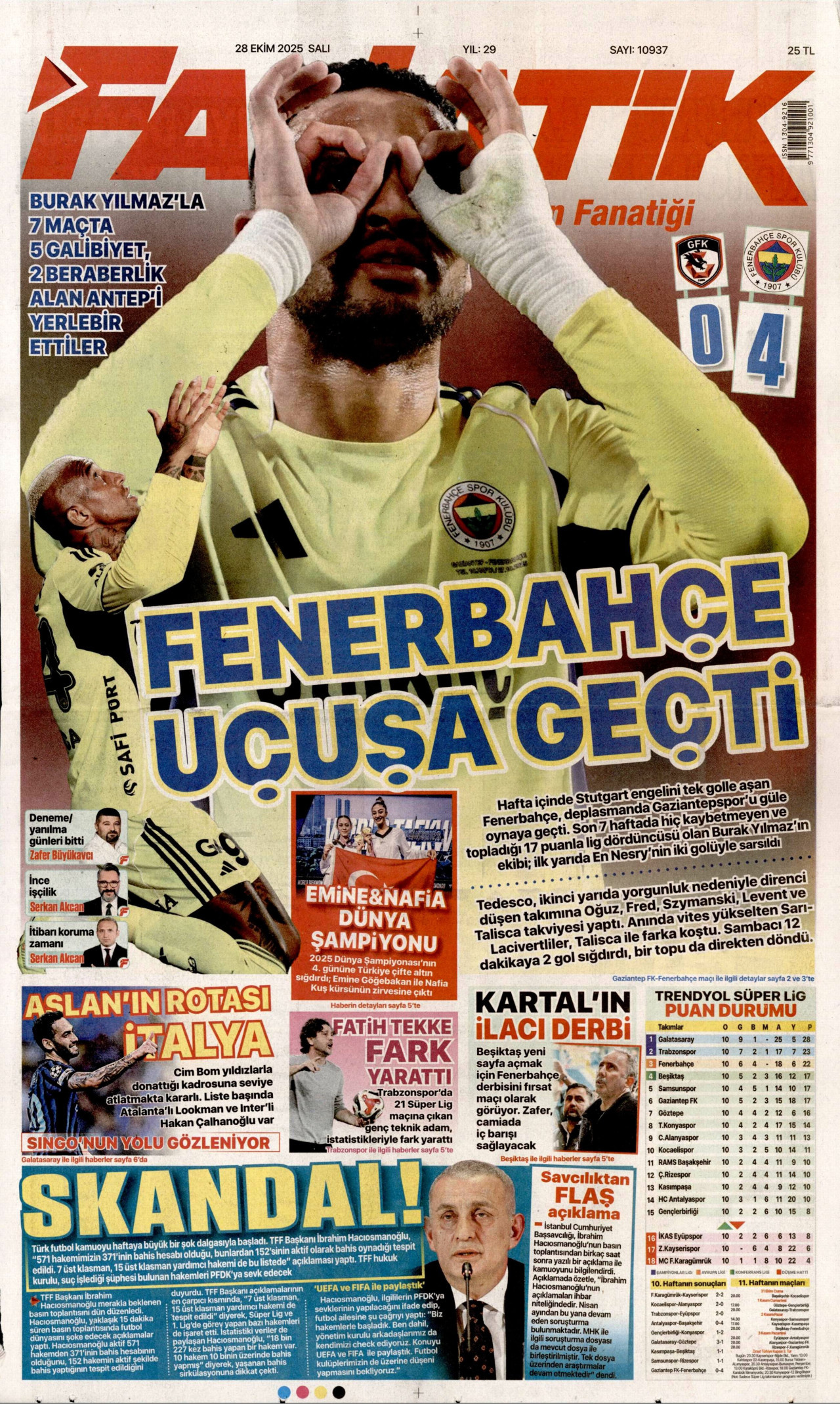 FANATİK gazetesinin 28 Ekim 2025 tarihli birinci sayfası