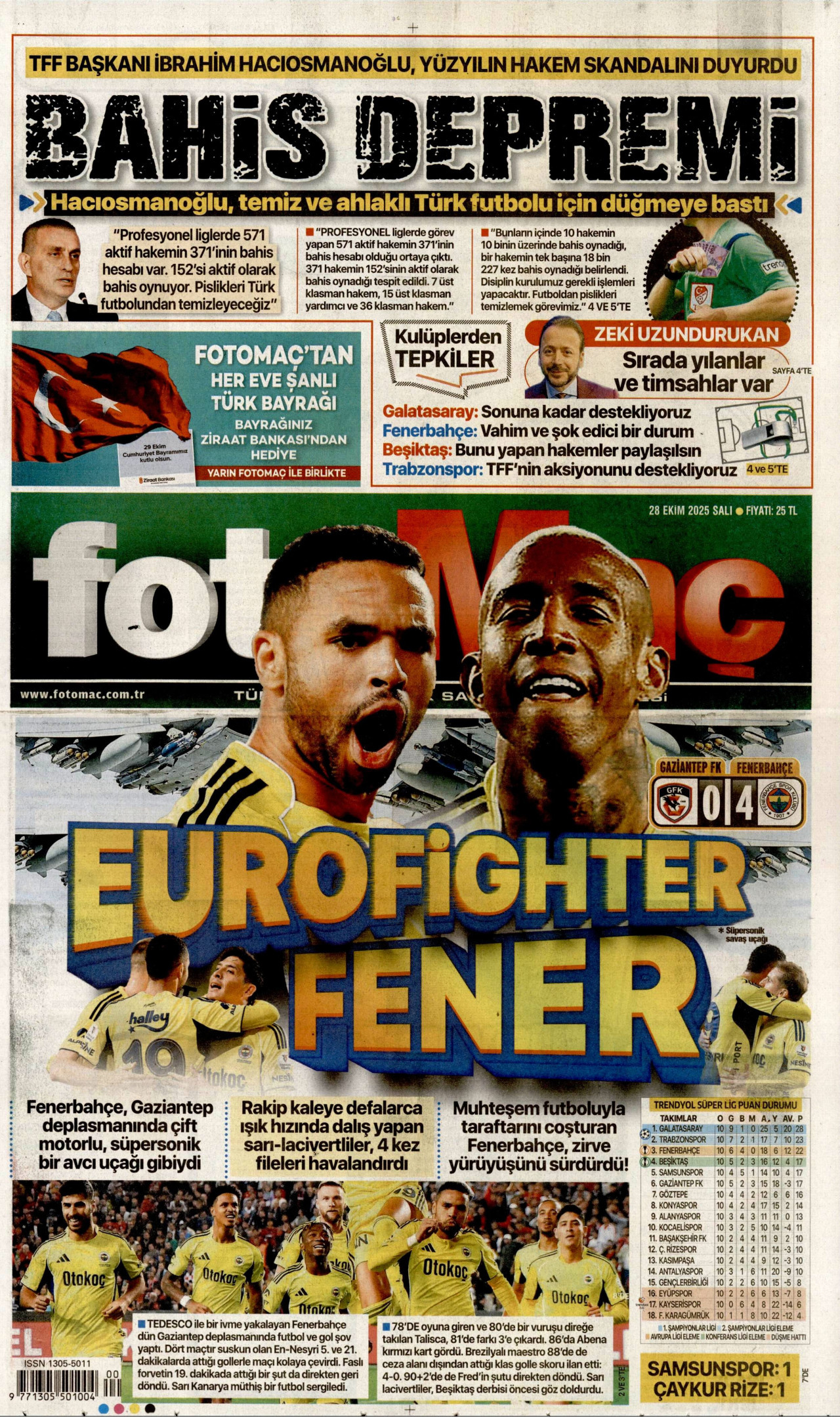 FOTOMAÇ gazetesinin 28 Ekim 2025 tarihli birinci sayfası