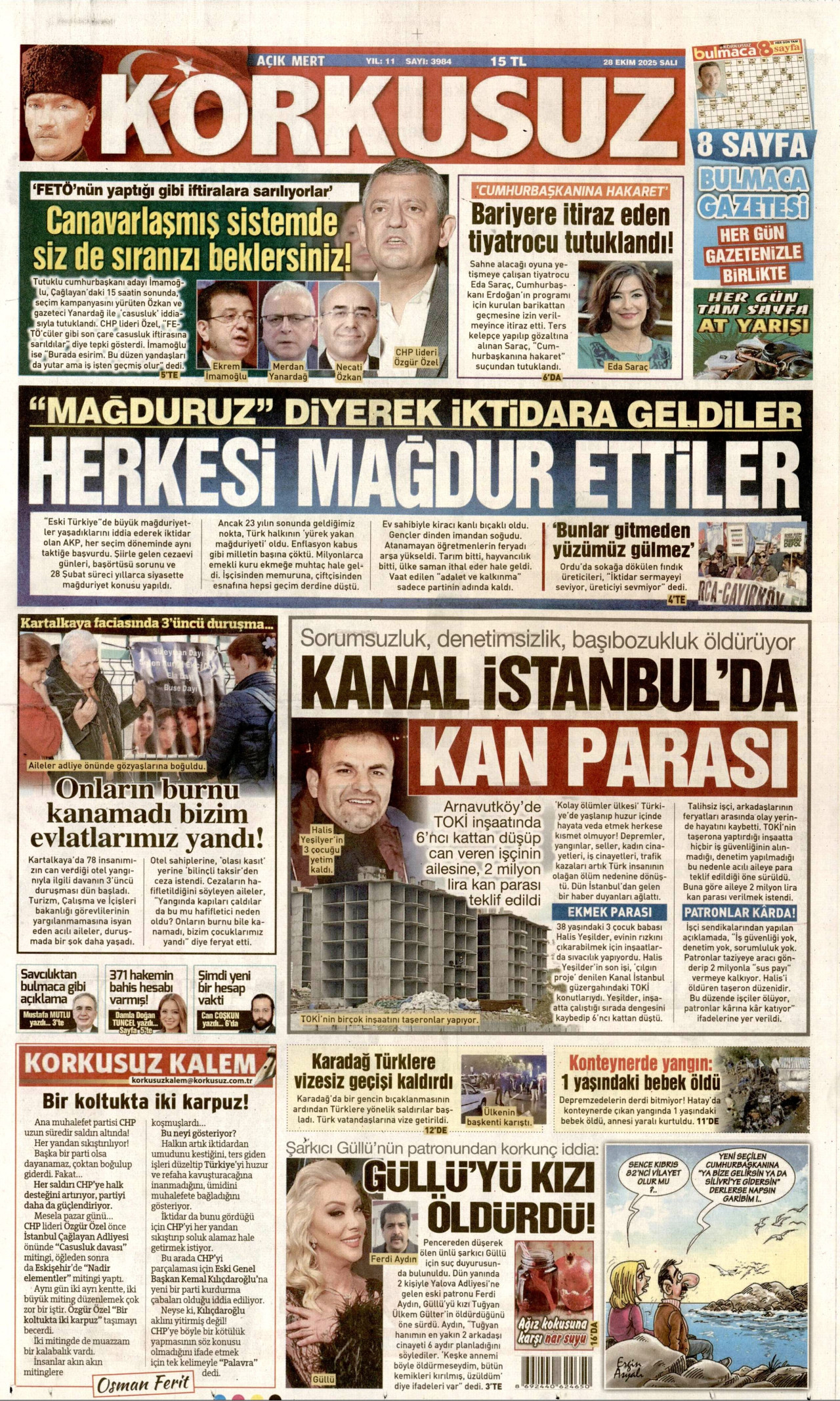 KORKUSUZ gazetesinin 28 Ekim 2025 tarihli birinci sayfası