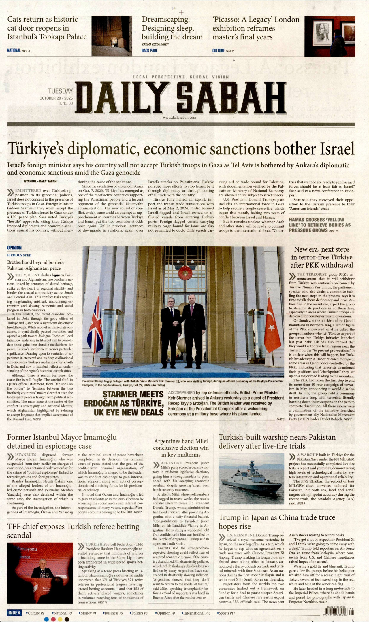 DAİLY SABAH gazetesinin 28 Ekim 2025 tarihli birinci sayfası