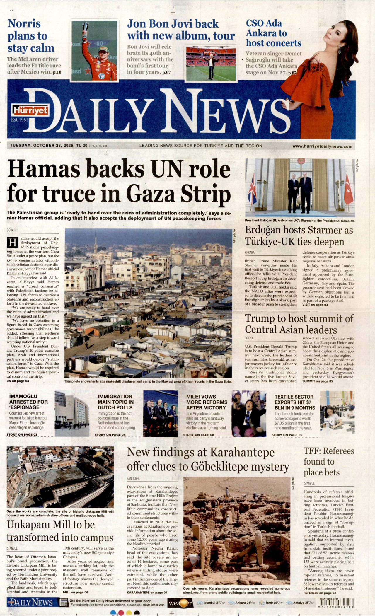 HÜRRİYET DAİLY NEWS gazetesinin 28 Ekim 2025 tarihli birinci sayfası