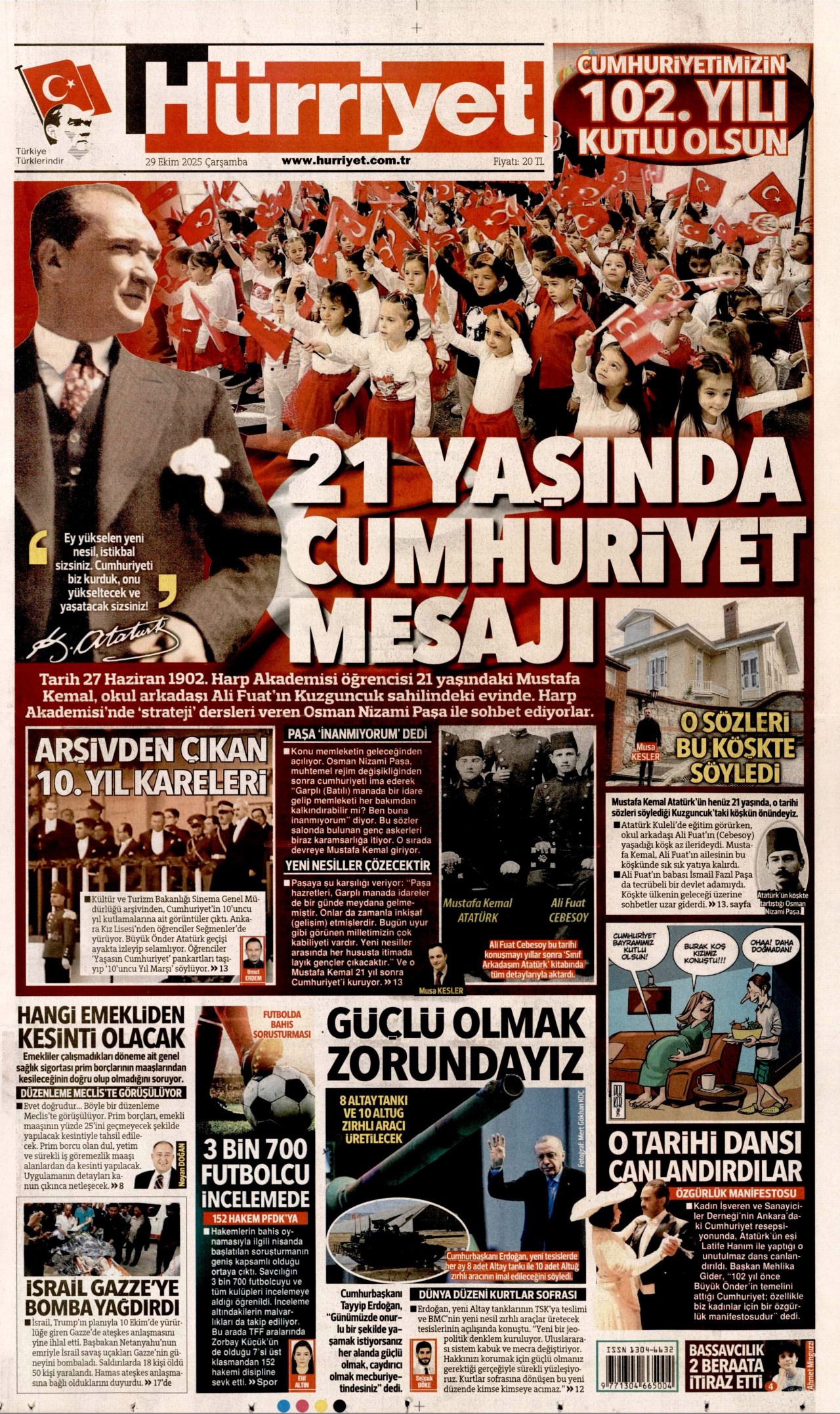 HÜRRİYET gazetesinin 29 Ekim 2025 tarihli birinci sayfası