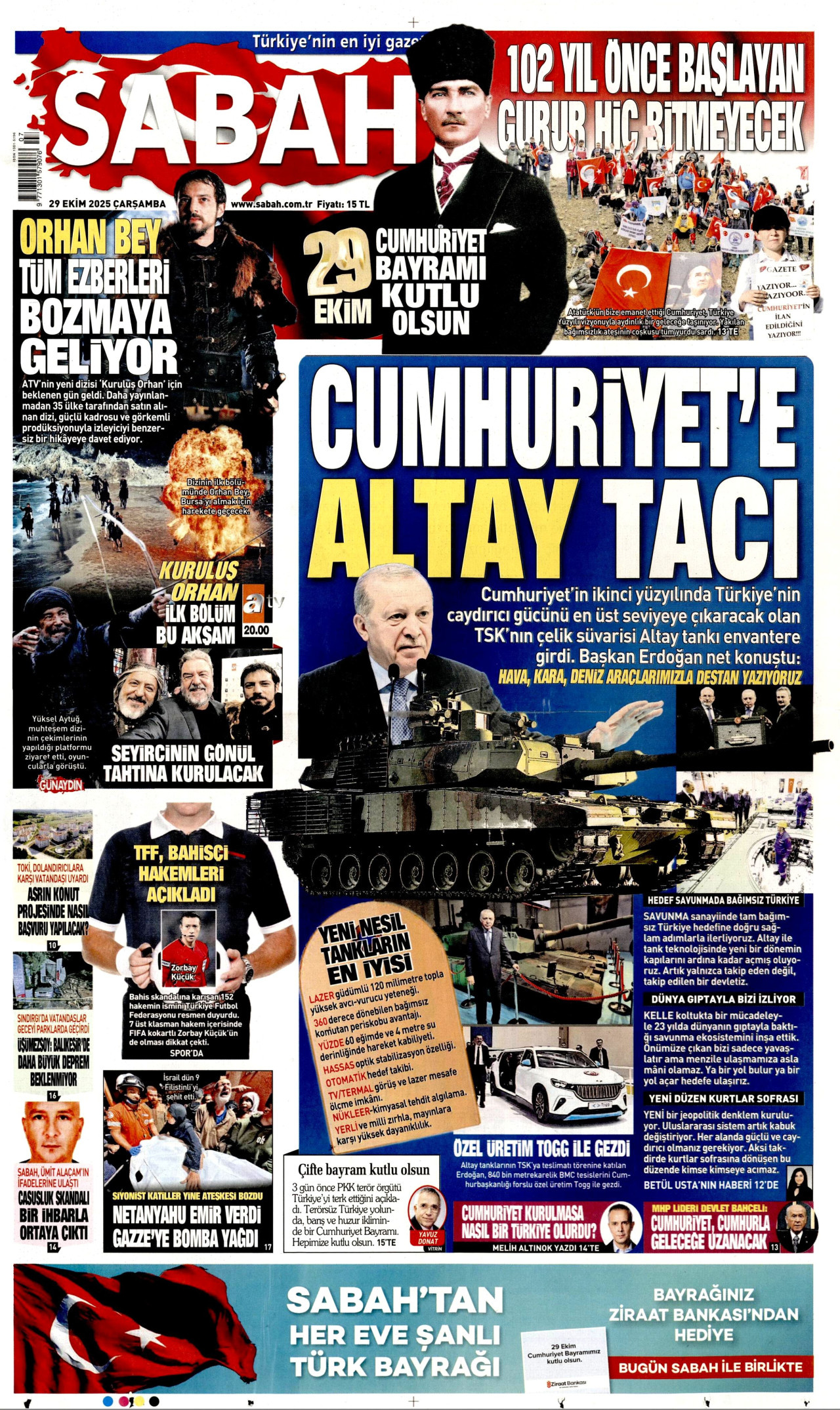 SABAH gazetesinin 29 Ekim 2025 tarihli birinci sayfası