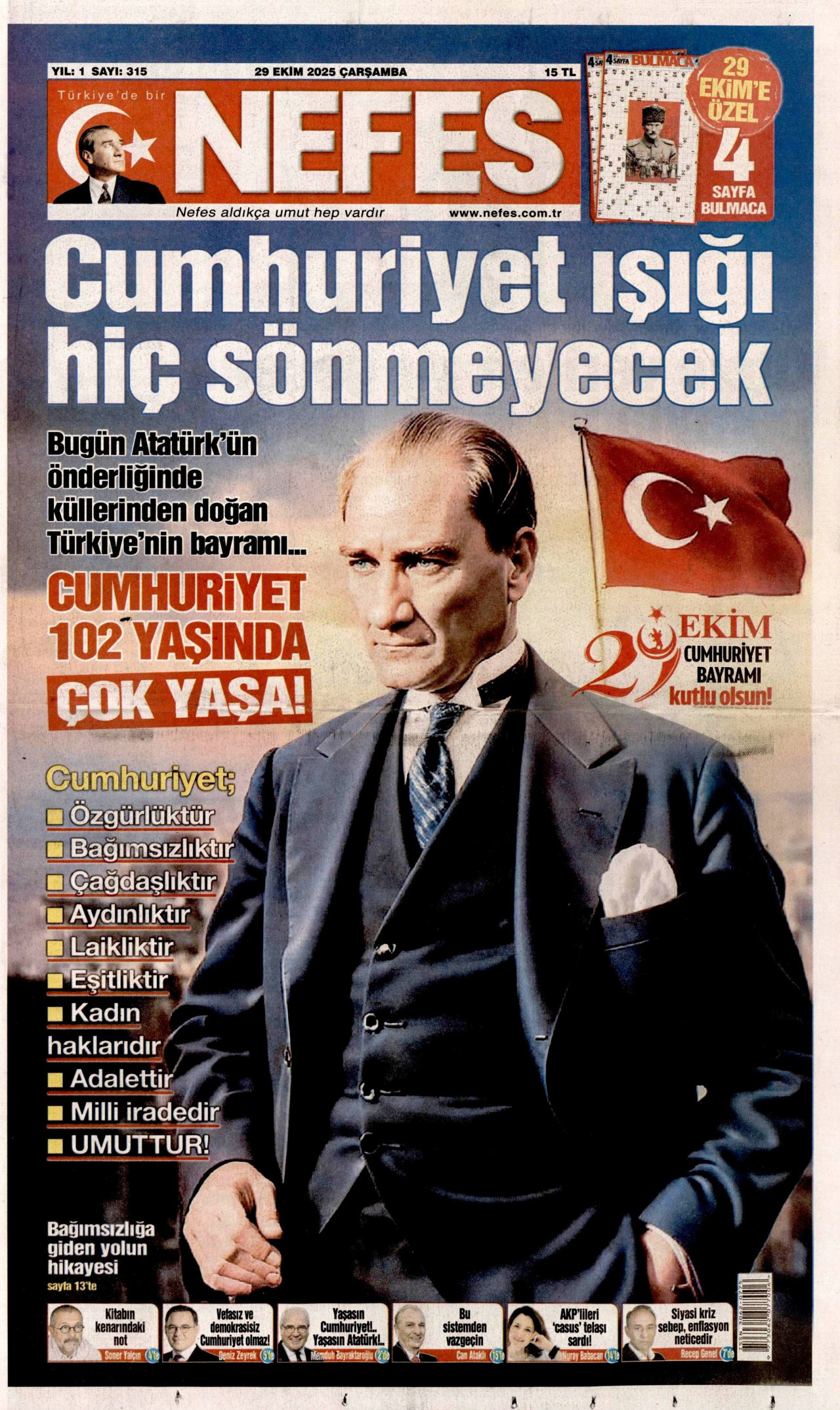 NEFES gazetesinin 29 Ekim 2025 tarihli birinci sayfası