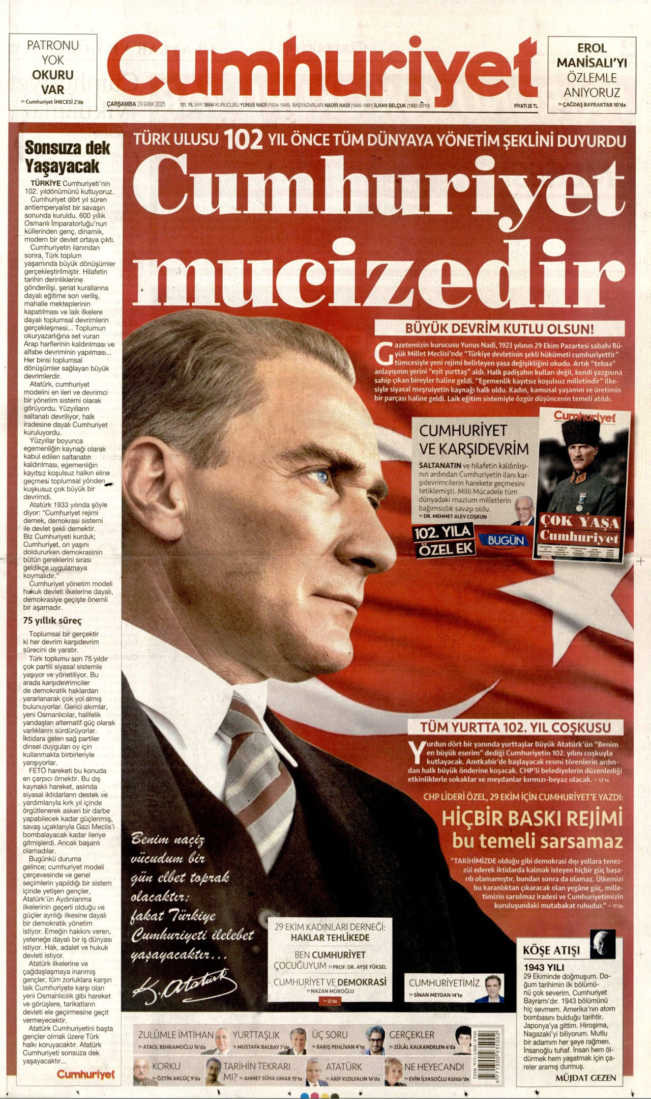 CUMHURİYET gazetesinin 29 Ekim 2025 tarihli birinci sayfası