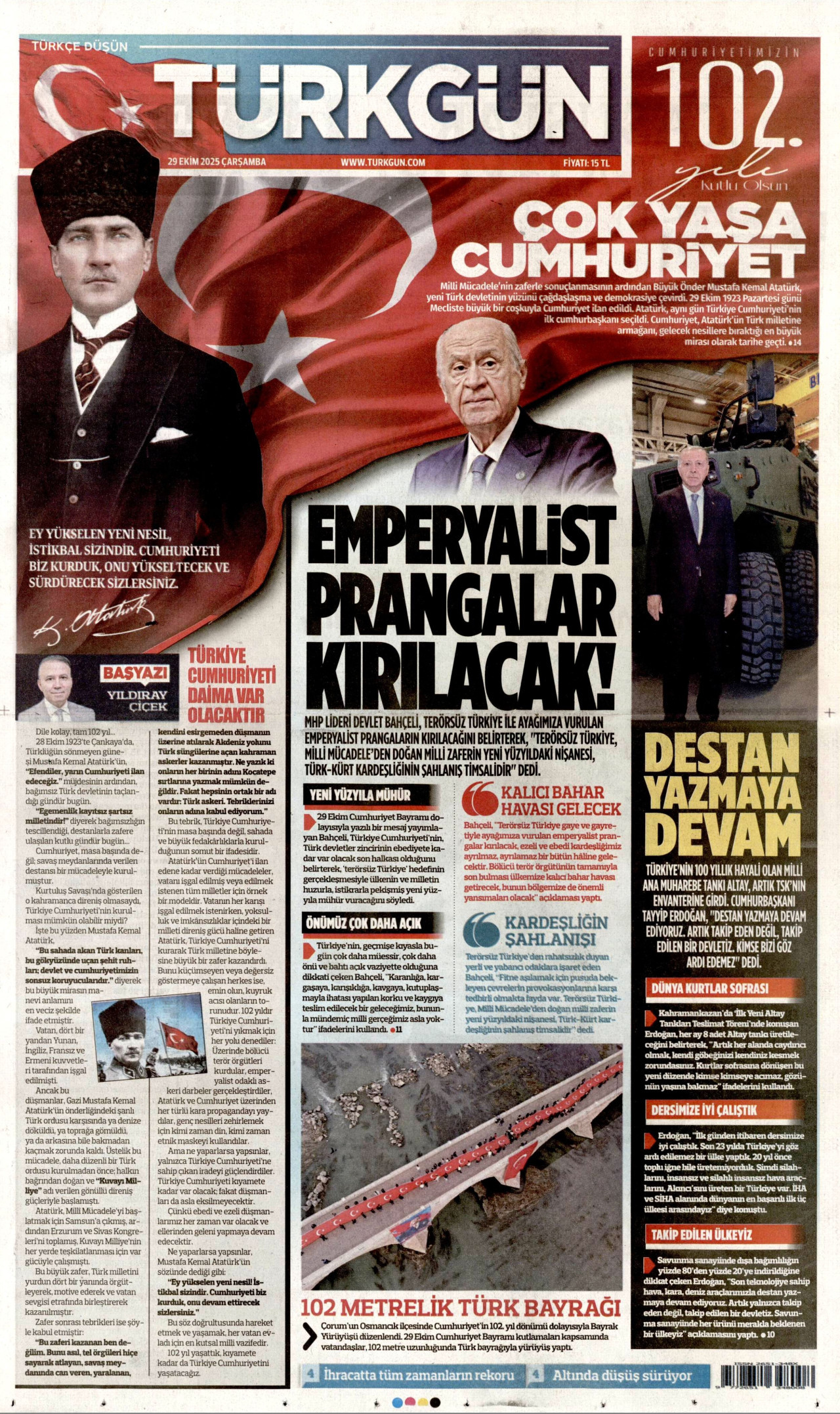 TÜRKGÜN gazetesinin 29 Ekim 2025 tarihli birinci sayfası