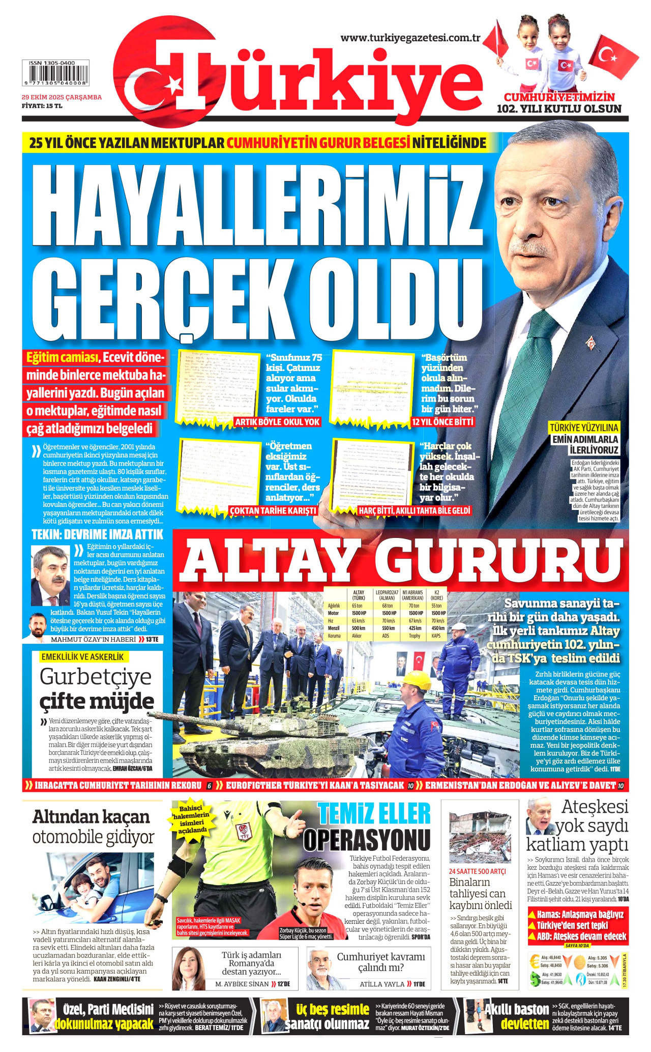 TÜRKİYE GAZETESİ gazetesinin 29 Ekim 2025 tarihli birinci sayfası