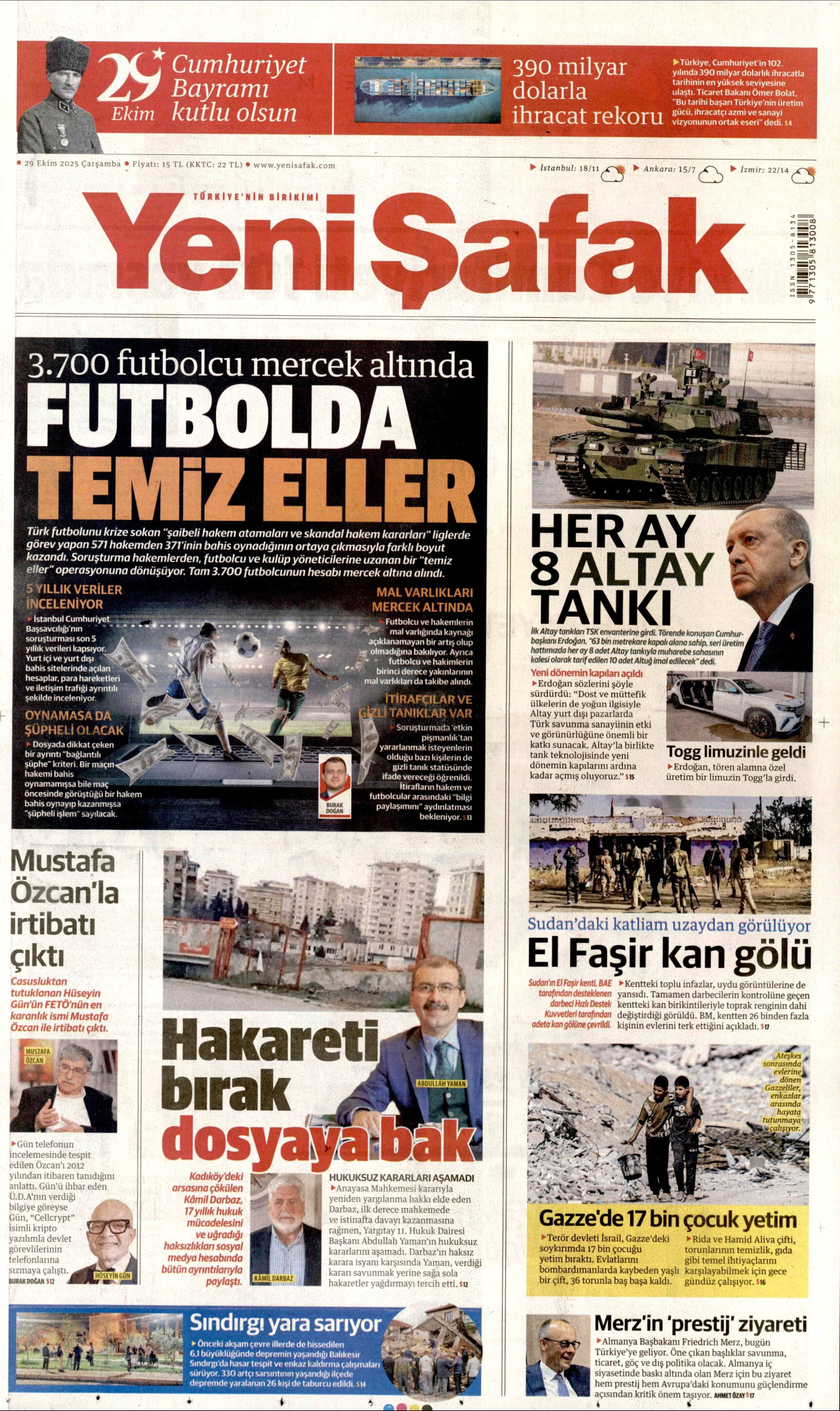 YENİ ŞAFAK gazetesinin 29 Ekim 2025 tarihli birinci sayfası