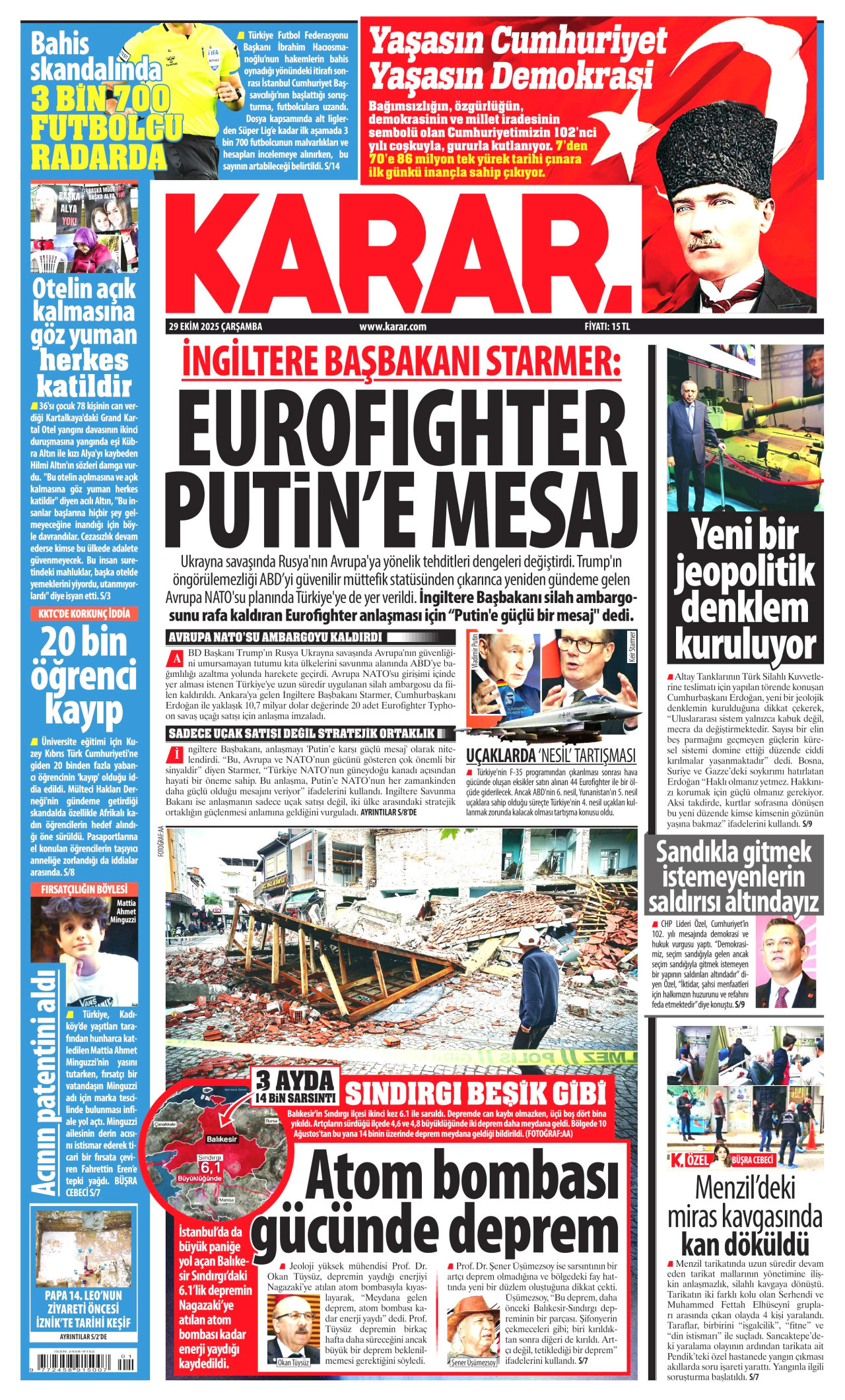 KARAR gazetesinin 29 Ekim 2025 tarihli birinci sayfası