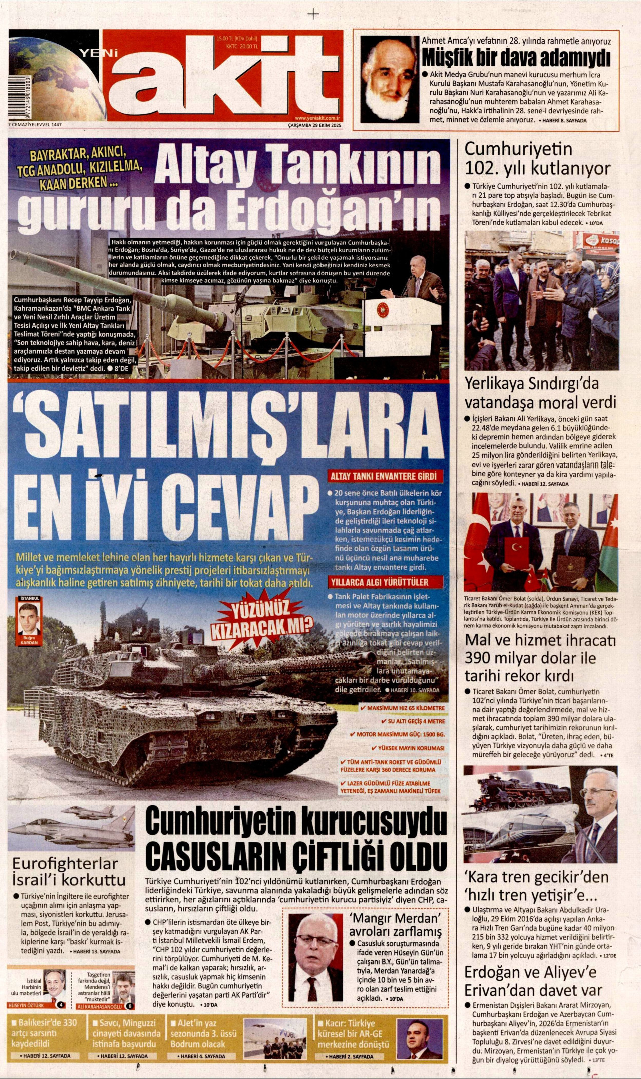 YENİ AKİT gazetesinin 29 Ekim 2025 tarihli birinci sayfası