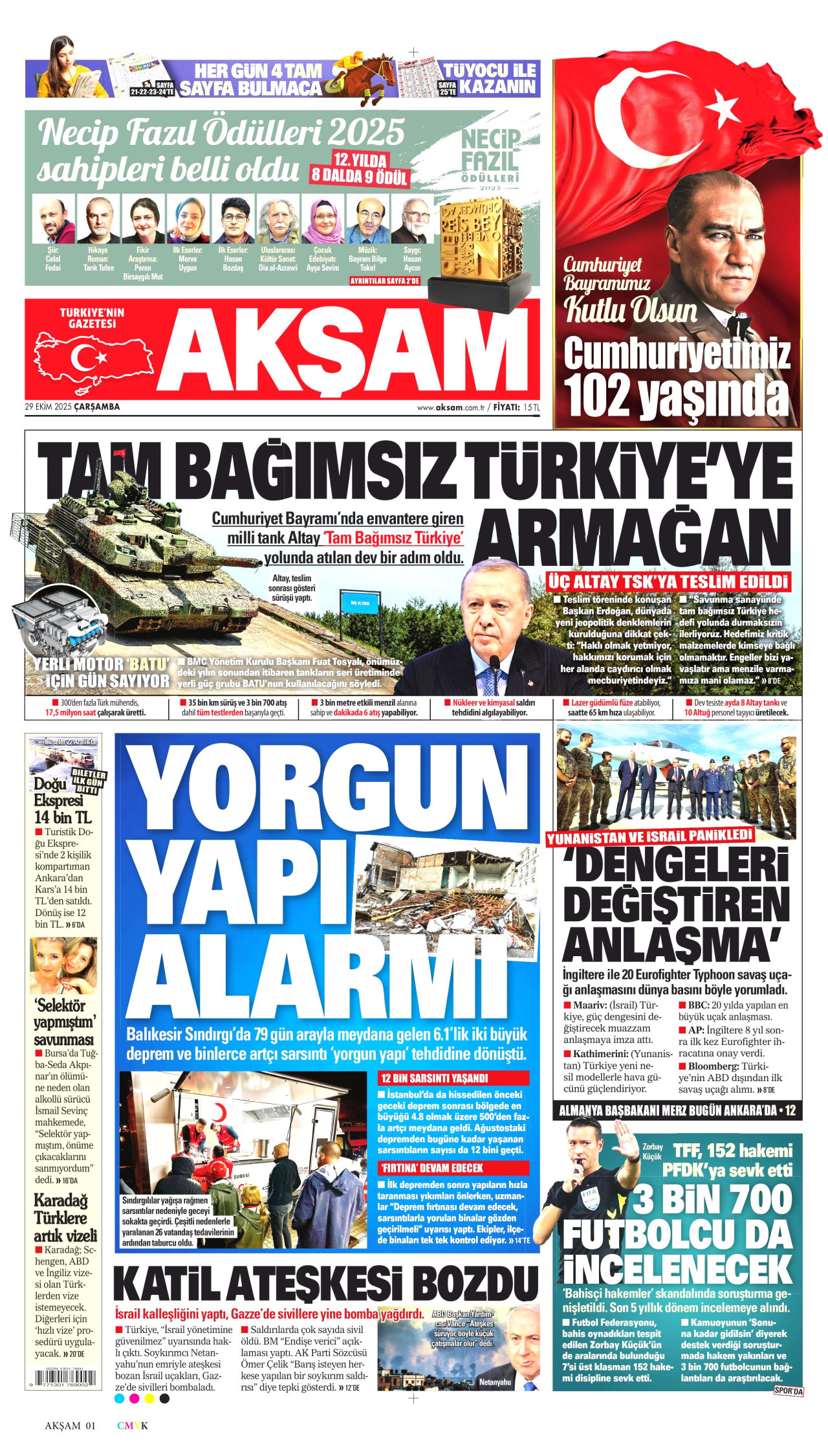 AKŞAM gazetesinin 29 Ekim 2025 tarihli birinci sayfası