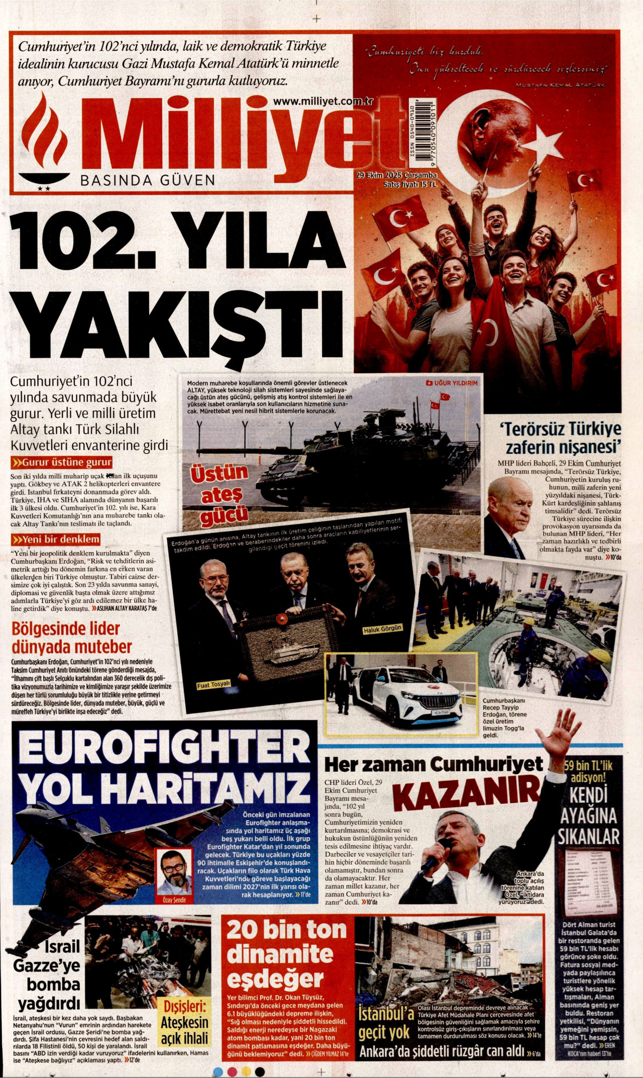 MİLLİYET gazetesinin 29 Ekim 2025 tarihli birinci sayfası