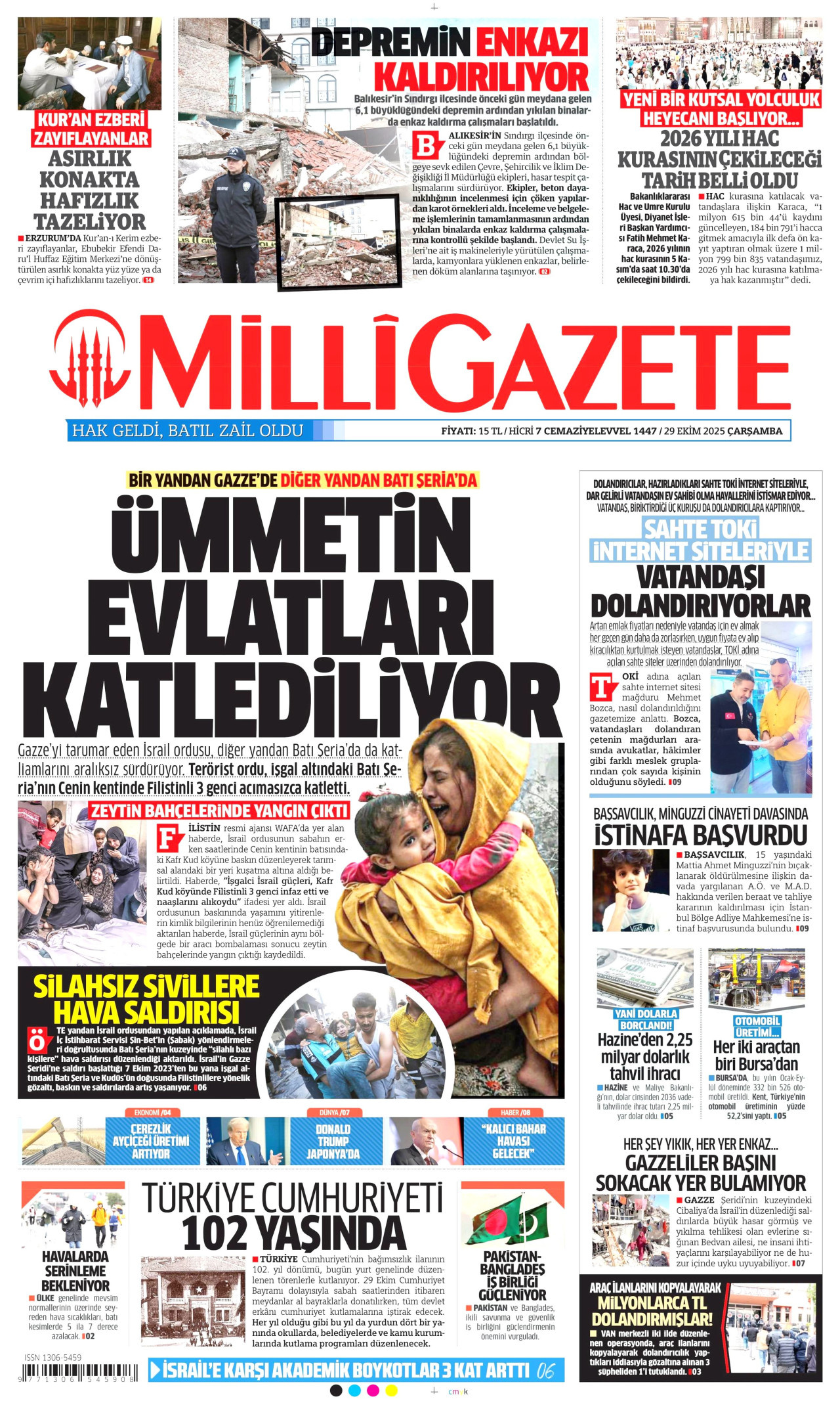 MİLLİ GAZETE gazetesinin 29 Ekim 2025 tarihli birinci sayfası