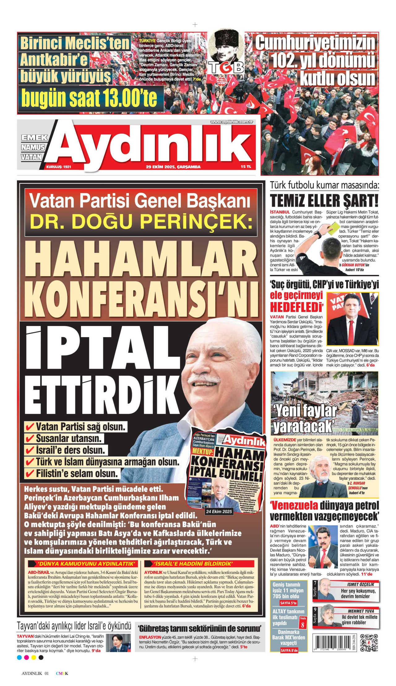 AYDINLIK GAZETESİ gazetesinin 29 Ekim 2025 tarihli birinci sayfası