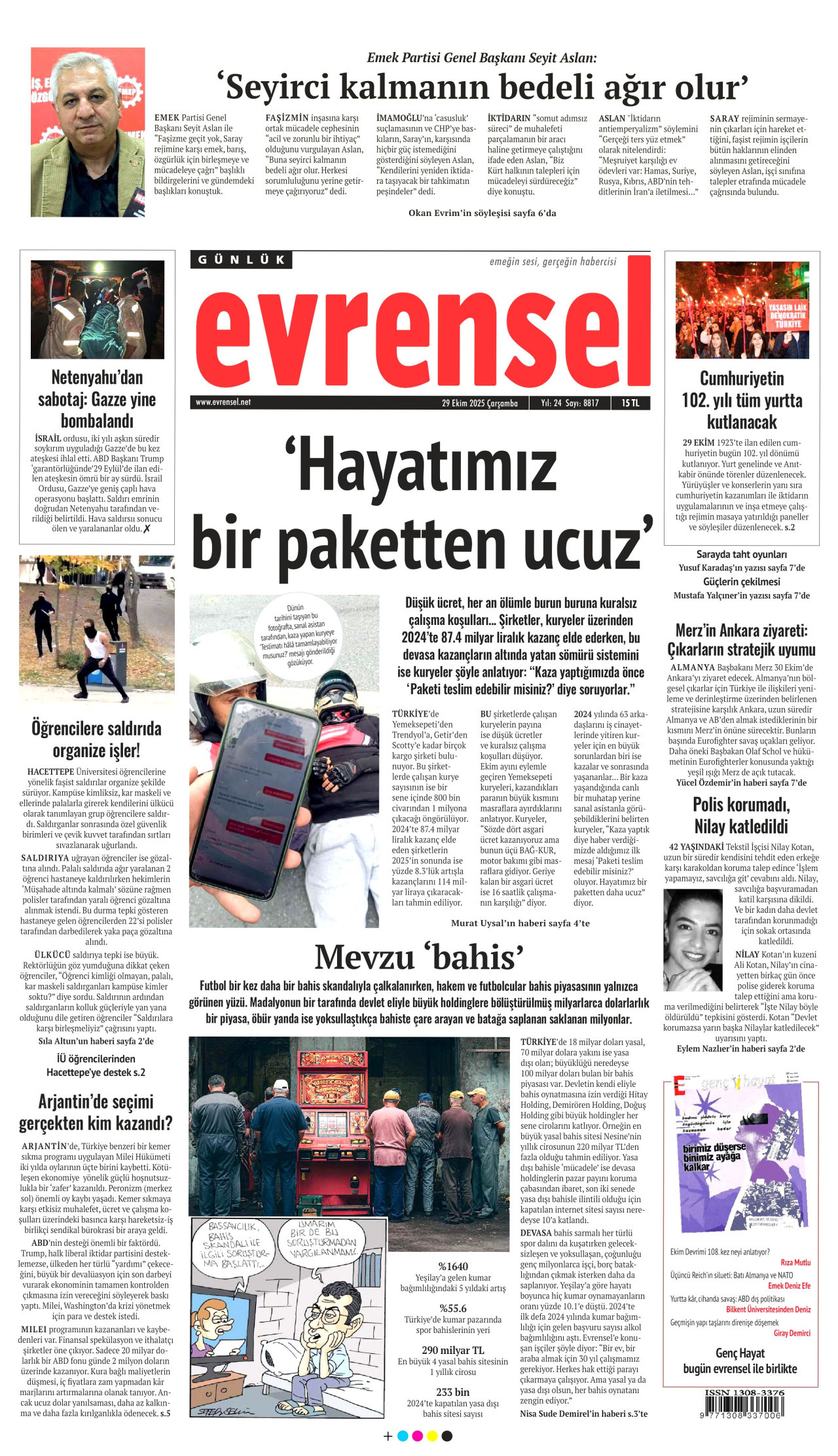 EVRENSEL gazetesinin 29 Ekim 2025 tarihli birinci sayfası