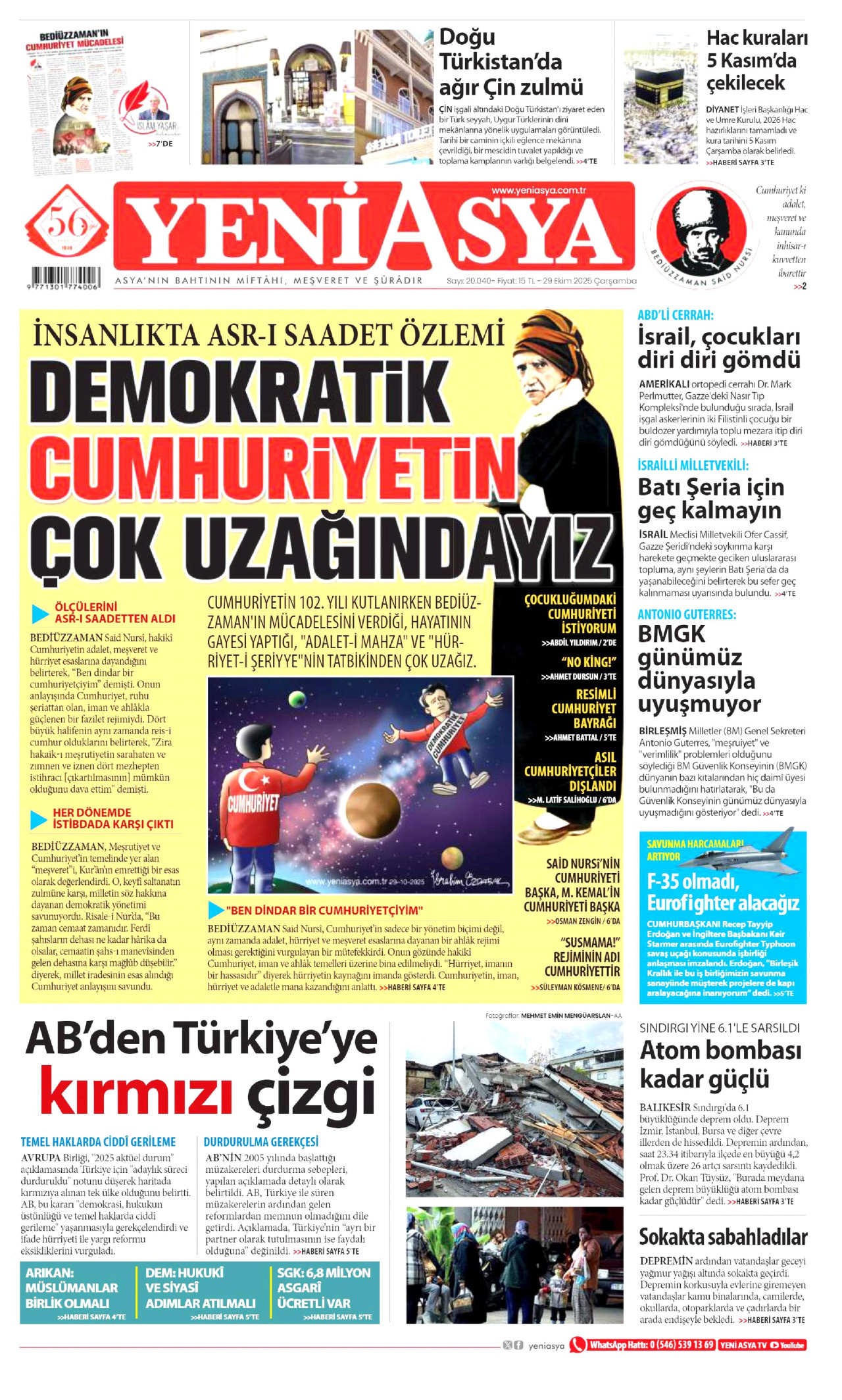 YENİ ASYA gazetesinin 29 Ekim 2025 tarihli birinci sayfası