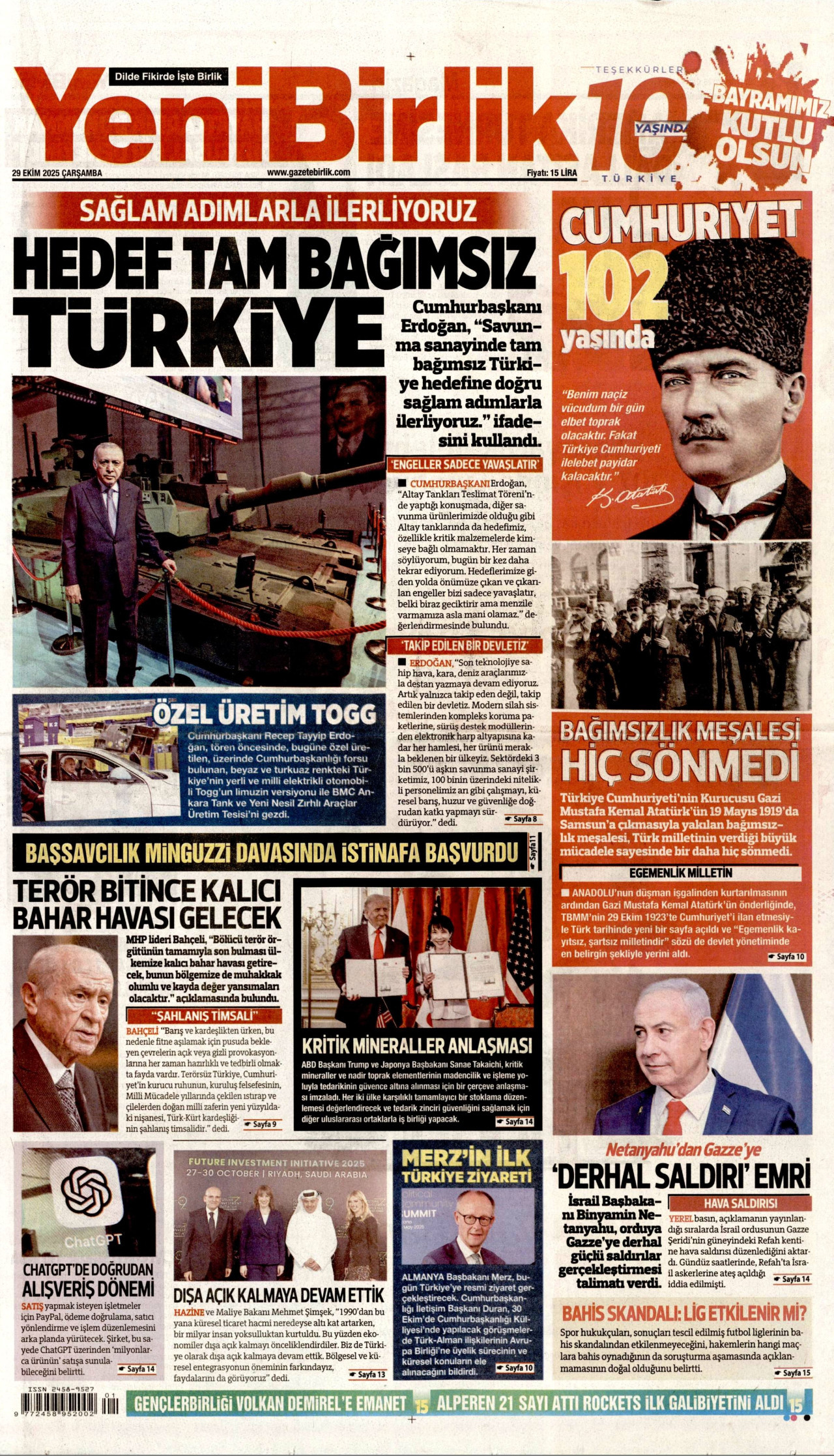 YENİBİRLİK gazetesinin 29 Ekim 2025 tarihli birinci sayfası