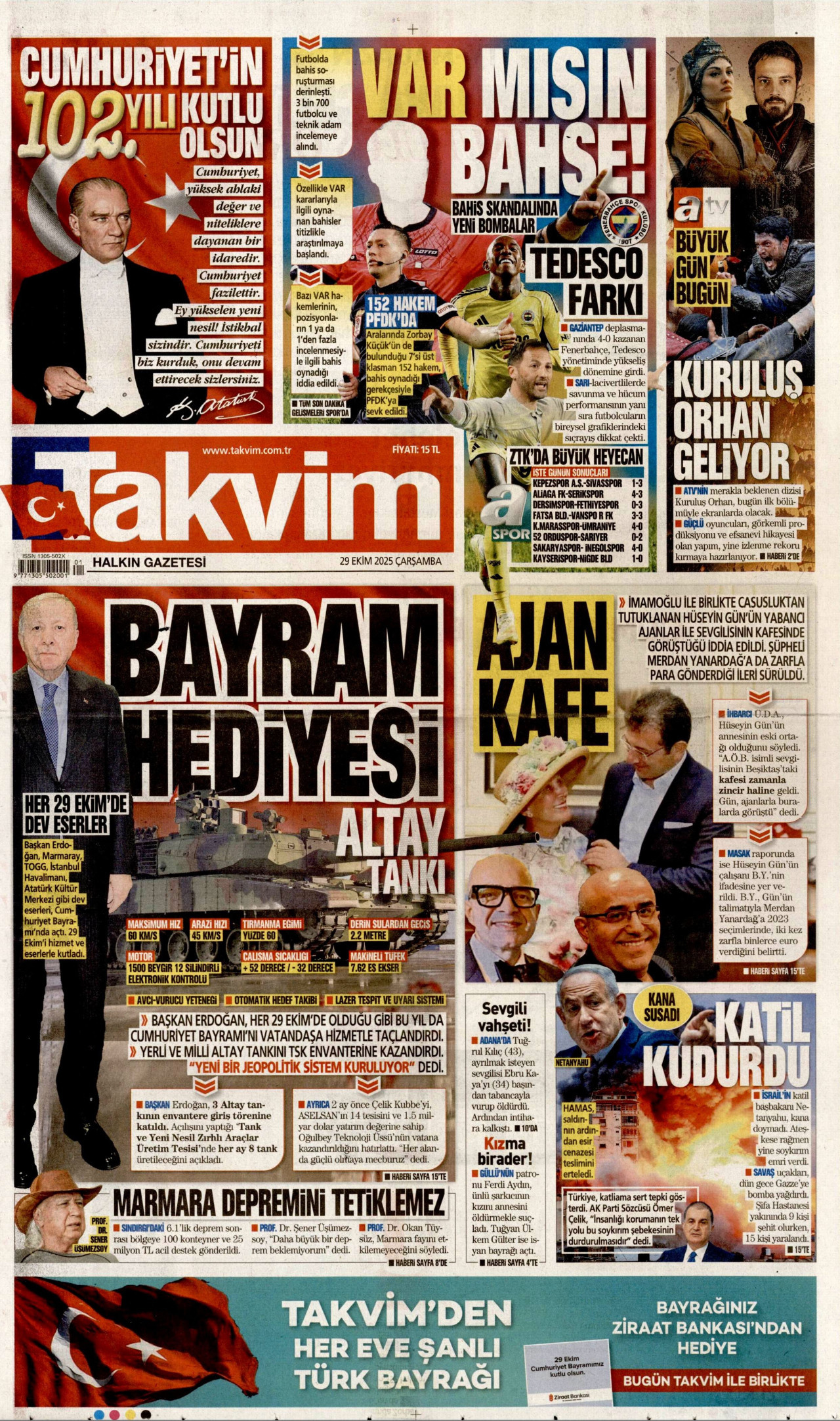 TAKVİM gazetesinin 29 Ekim 2025 tarihli birinci sayfası