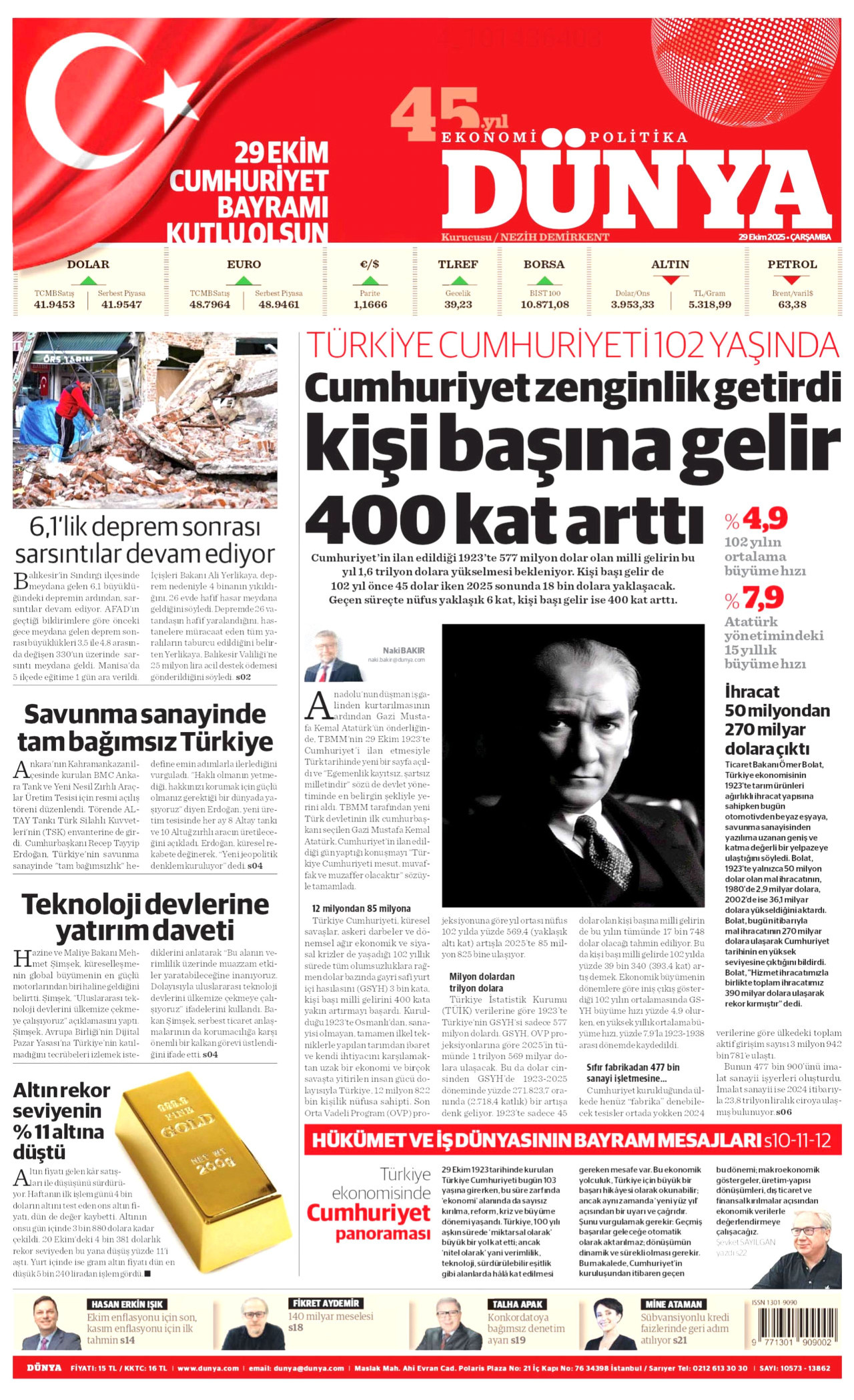 DÜNYA gazetesinin 29 Ekim 2025 tarihli birinci sayfası