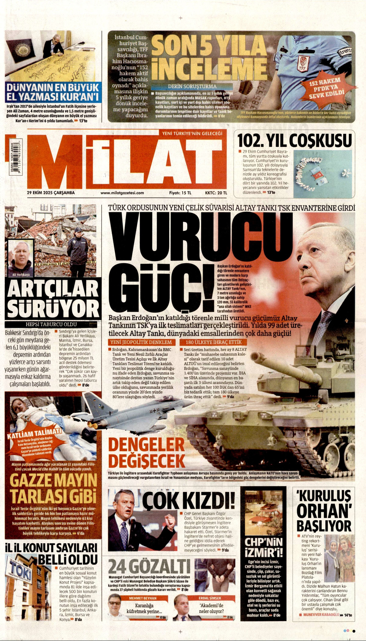 MİLAT gazetesinin 29 Ekim 2025 tarihli birinci sayfası