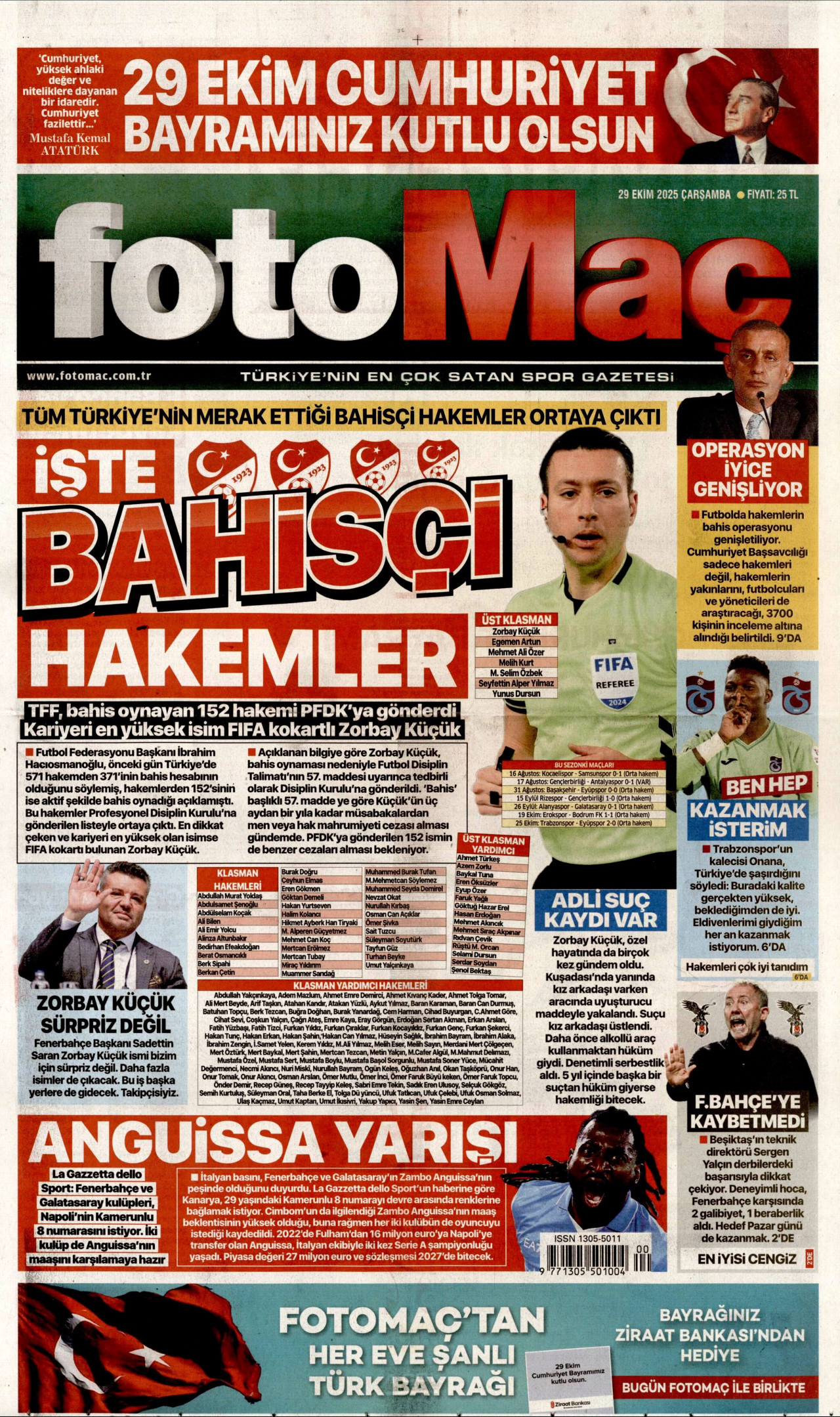 FOTOMAÇ gazetesinin 29 Ekim 2025 tarihli birinci sayfası