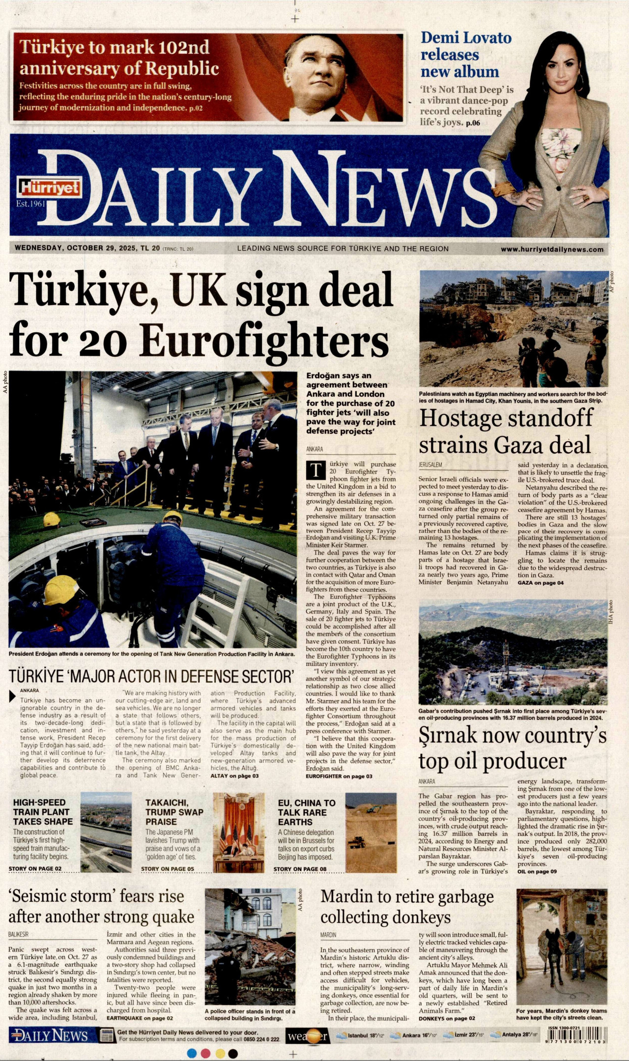 HÜRRİYET DAİLY NEWS gazetesinin 29 Ekim 2025 tarihli birinci sayfası