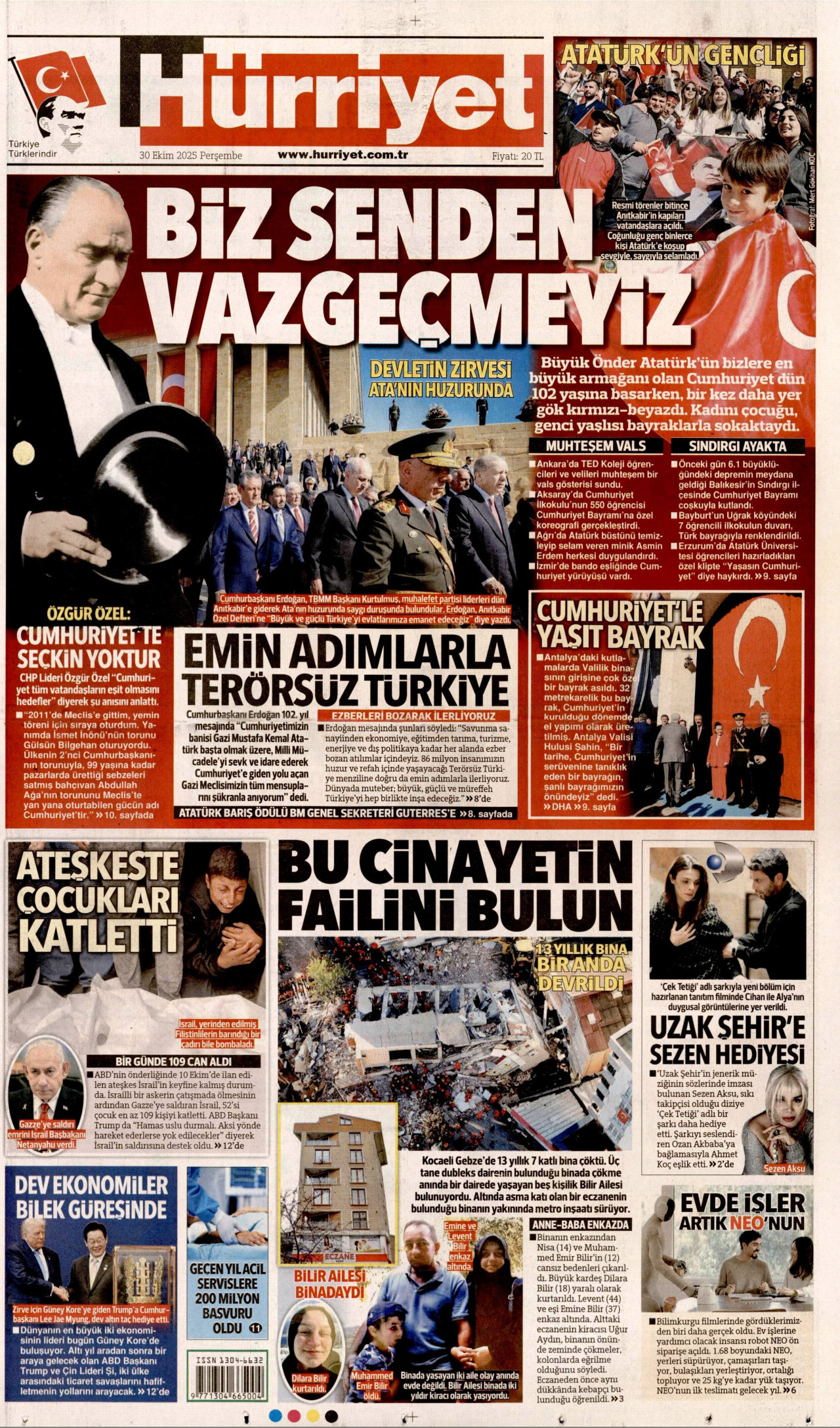 HÜRRİYET gazetesinin 30 Ekim 2025 tarihli birinci sayfası