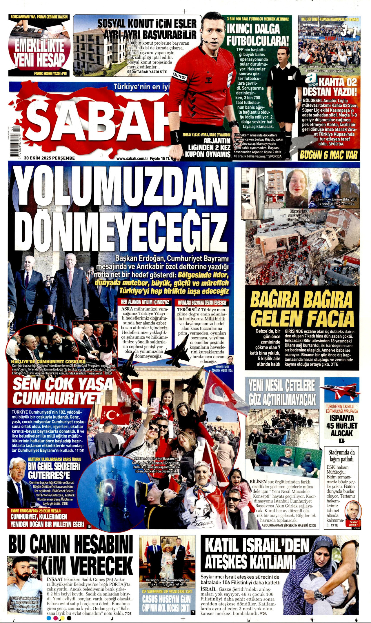 SABAH gazetesinin 30 Ekim 2025 tarihli birinci sayfası