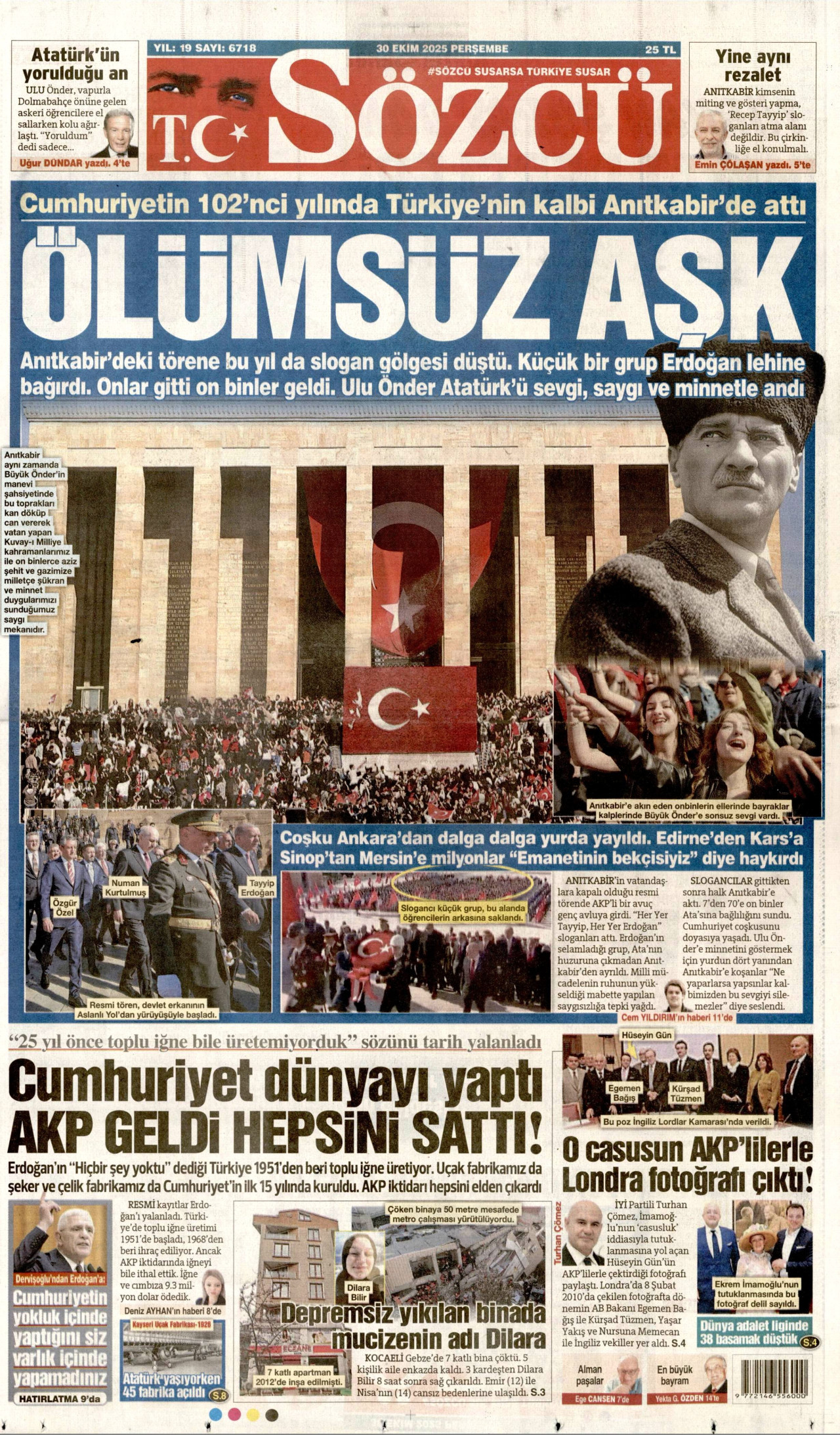 SÖZCÜ gazetesinin 30 Ekim 2025 tarihli birinci sayfası