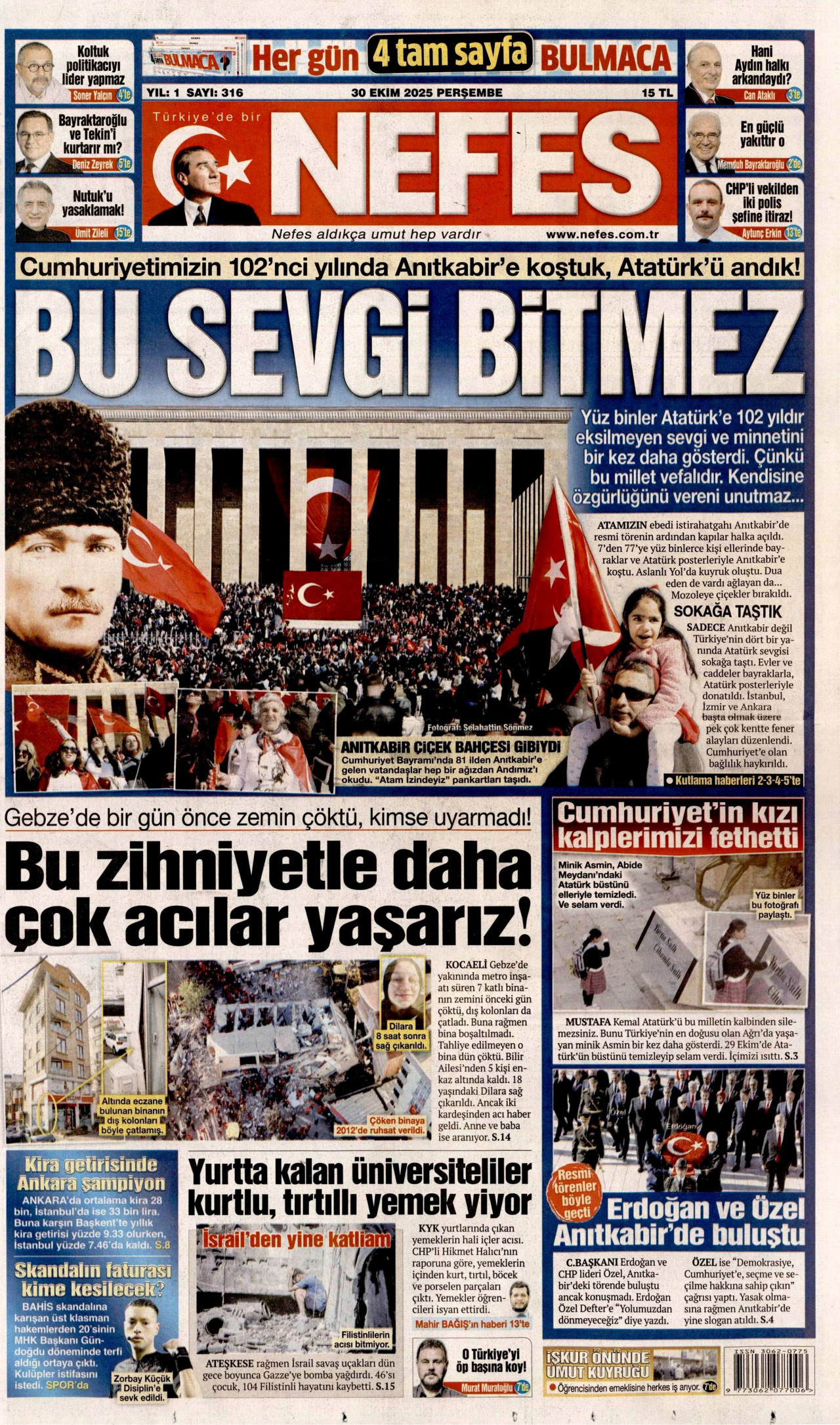 NEFES gazetesinin 30 Ekim 2025 tarihli birinci sayfası