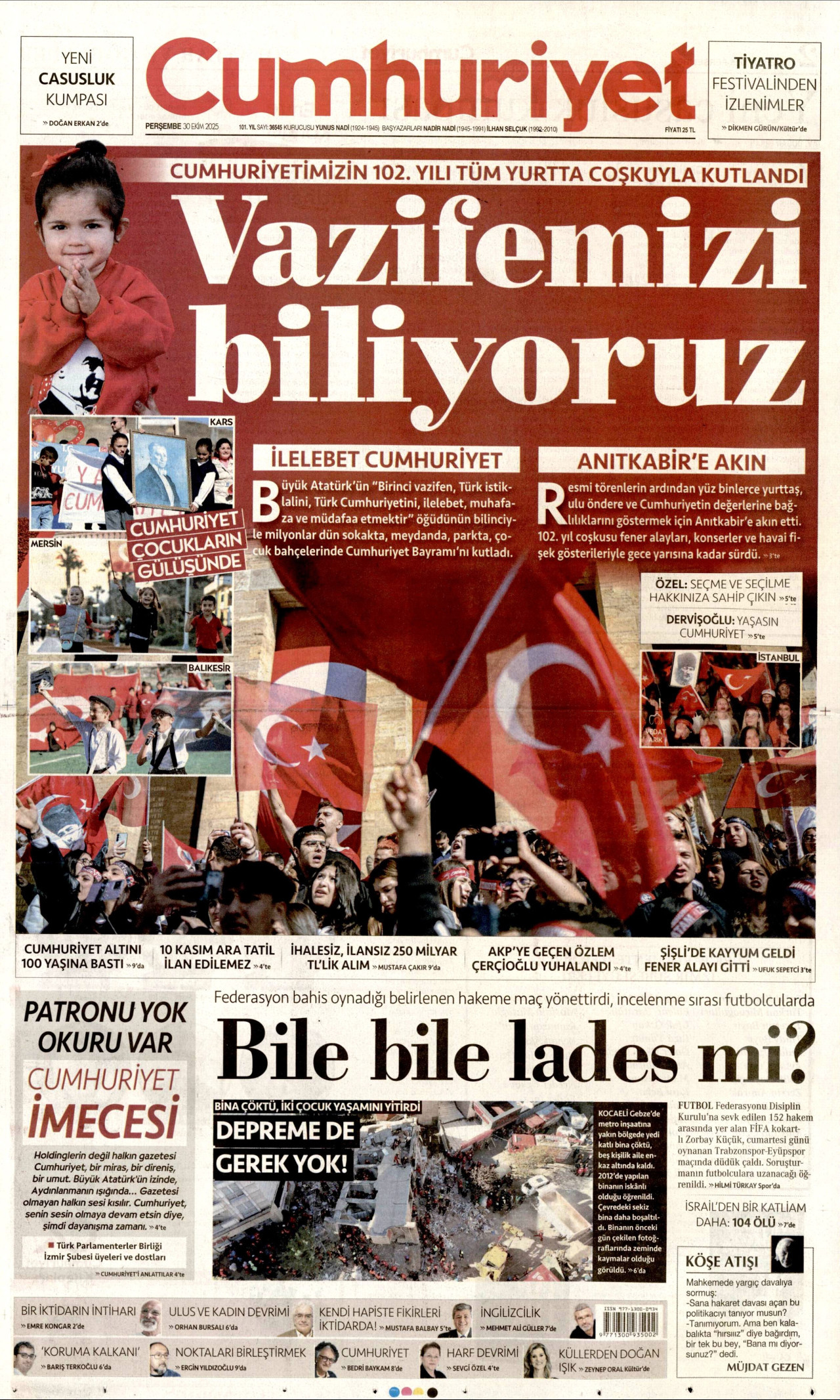 CUMHURİYET gazetesinin 30 Ekim 2025 tarihli birinci sayfası