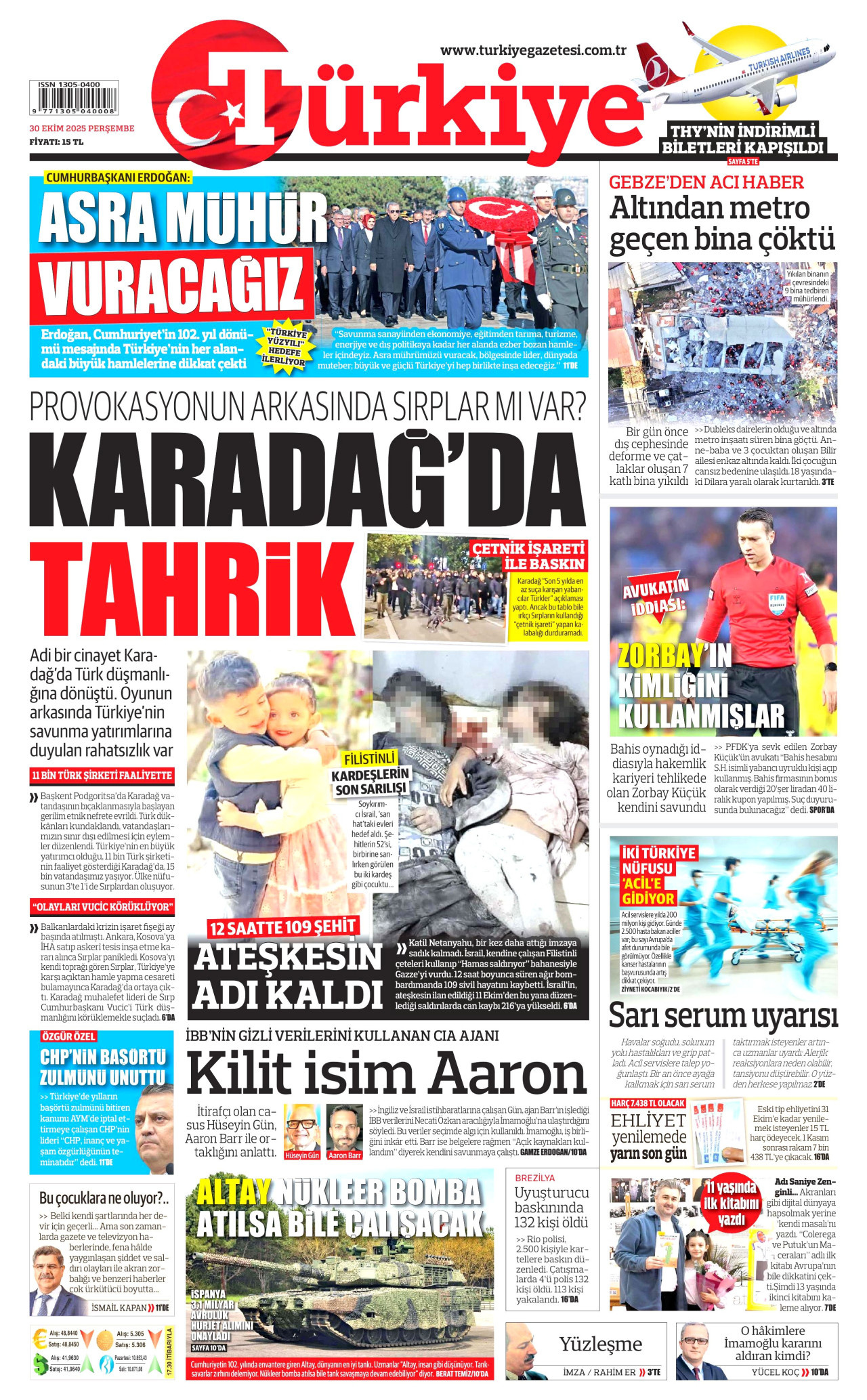 TÜRKİYE GAZETESİ gazetesinin 30 Ekim 2025 tarihli birinci sayfası