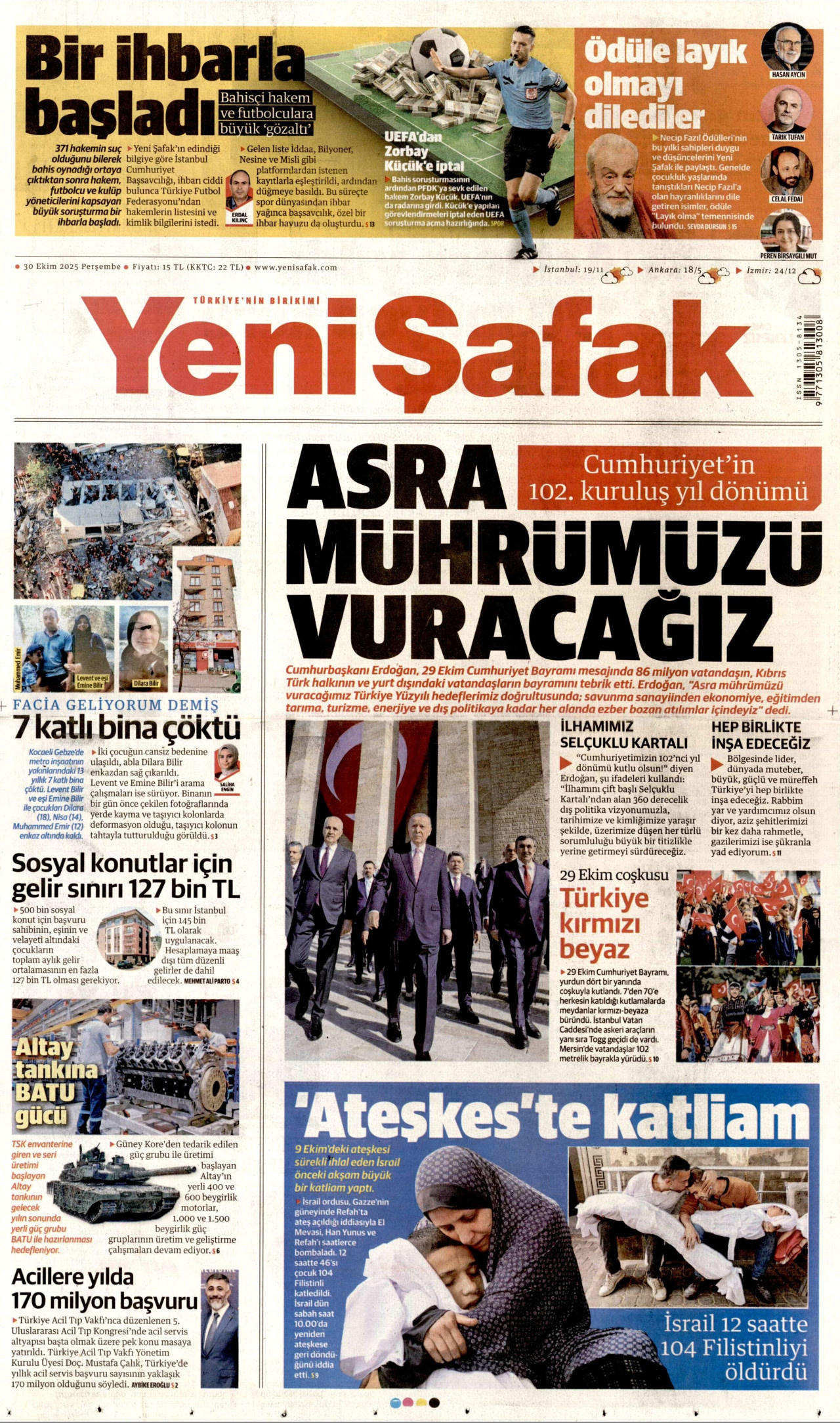 YENİ ŞAFAK gazetesinin 30 Ekim 2025 tarihli birinci sayfası