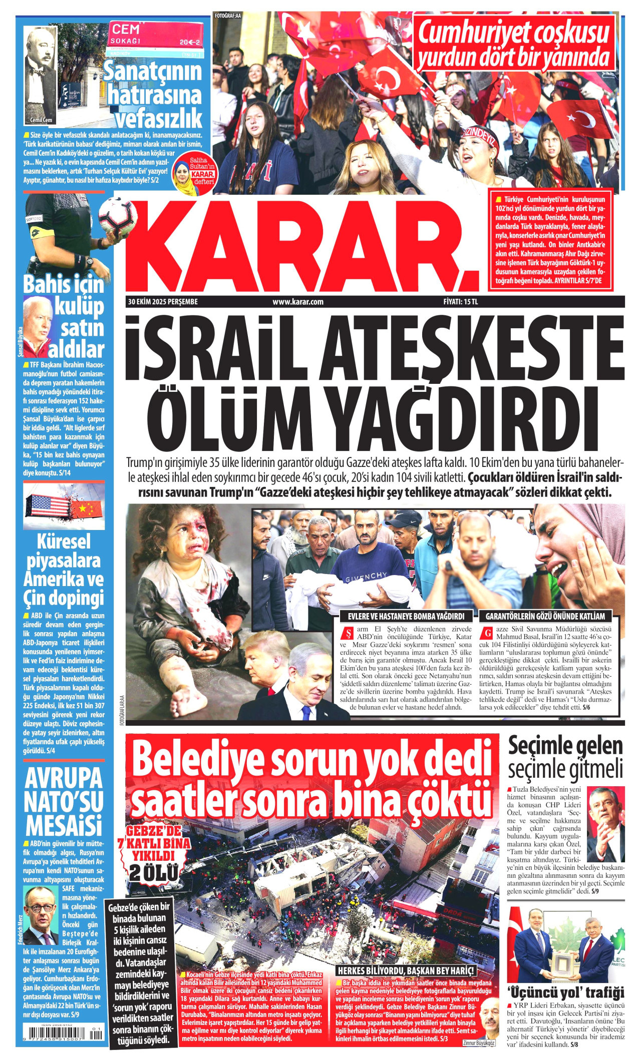 KARAR gazetesinin 30 Ekim 2025 tarihli birinci sayfası