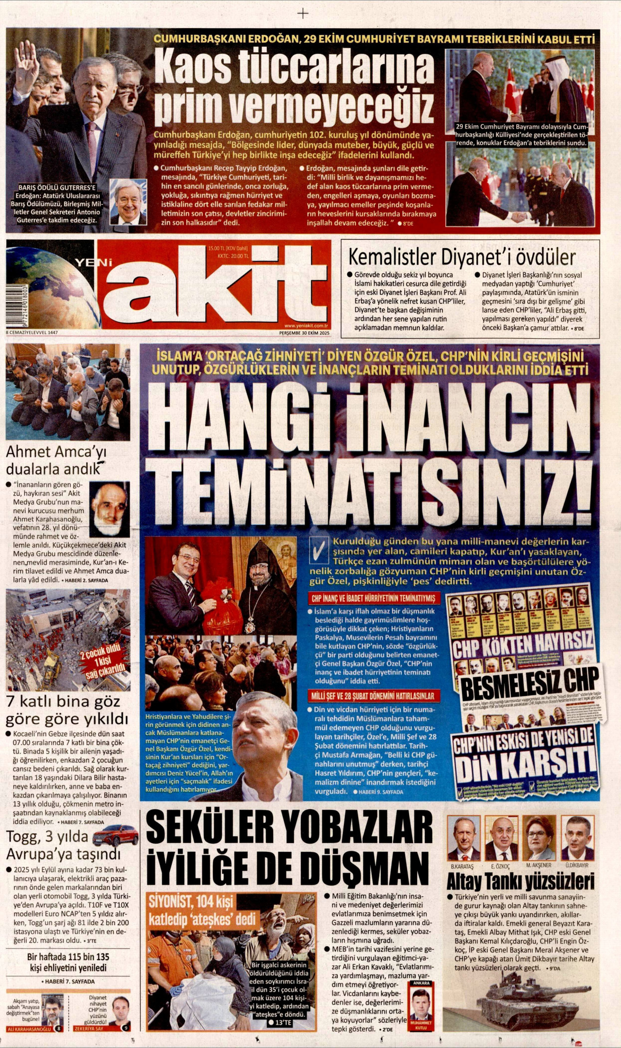 YENİ AKİT gazetesinin 30 Ekim 2025 tarihli birinci sayfası