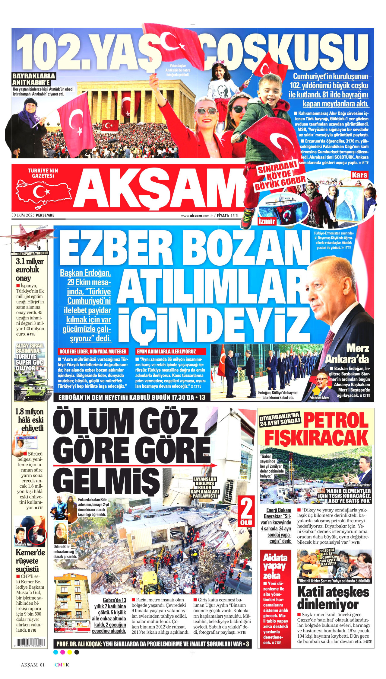 AKŞAM gazetesinin 30 Ekim 2025 tarihli birinci sayfası